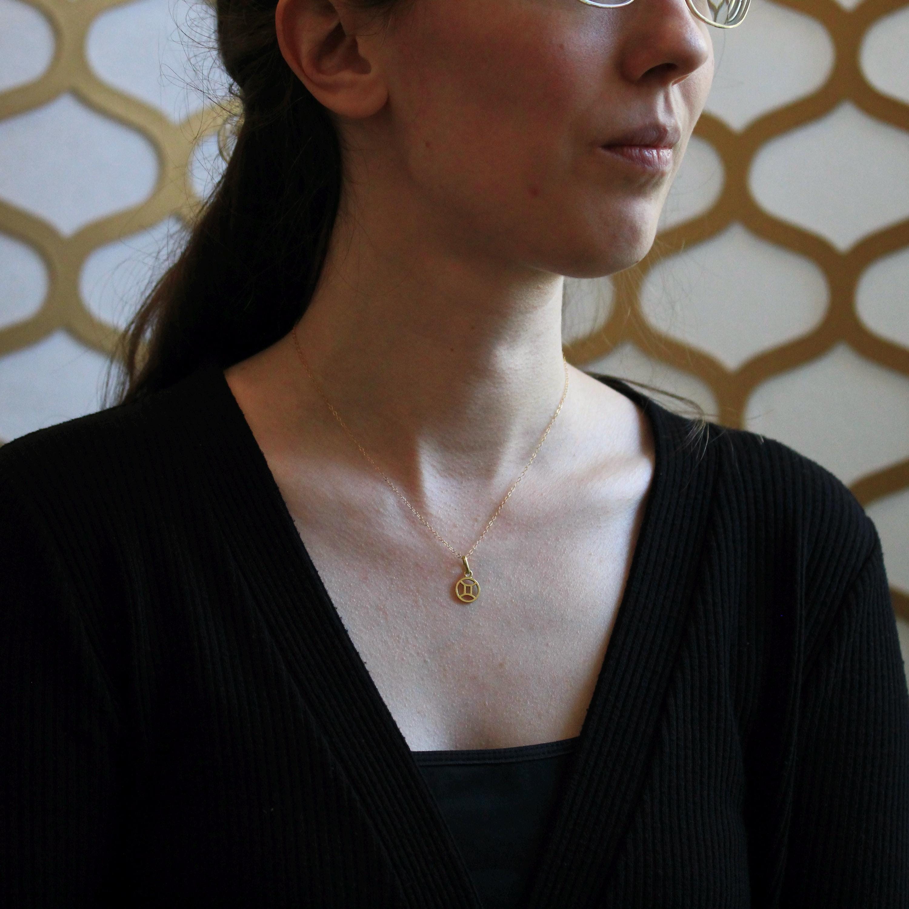 Estate Gemini Charm - Modern 18k Yellow Gold Symbol Air Element Pendant Necklace - Circa 1990s Era Zodiac Italian Italy Fine 90s Jewelry