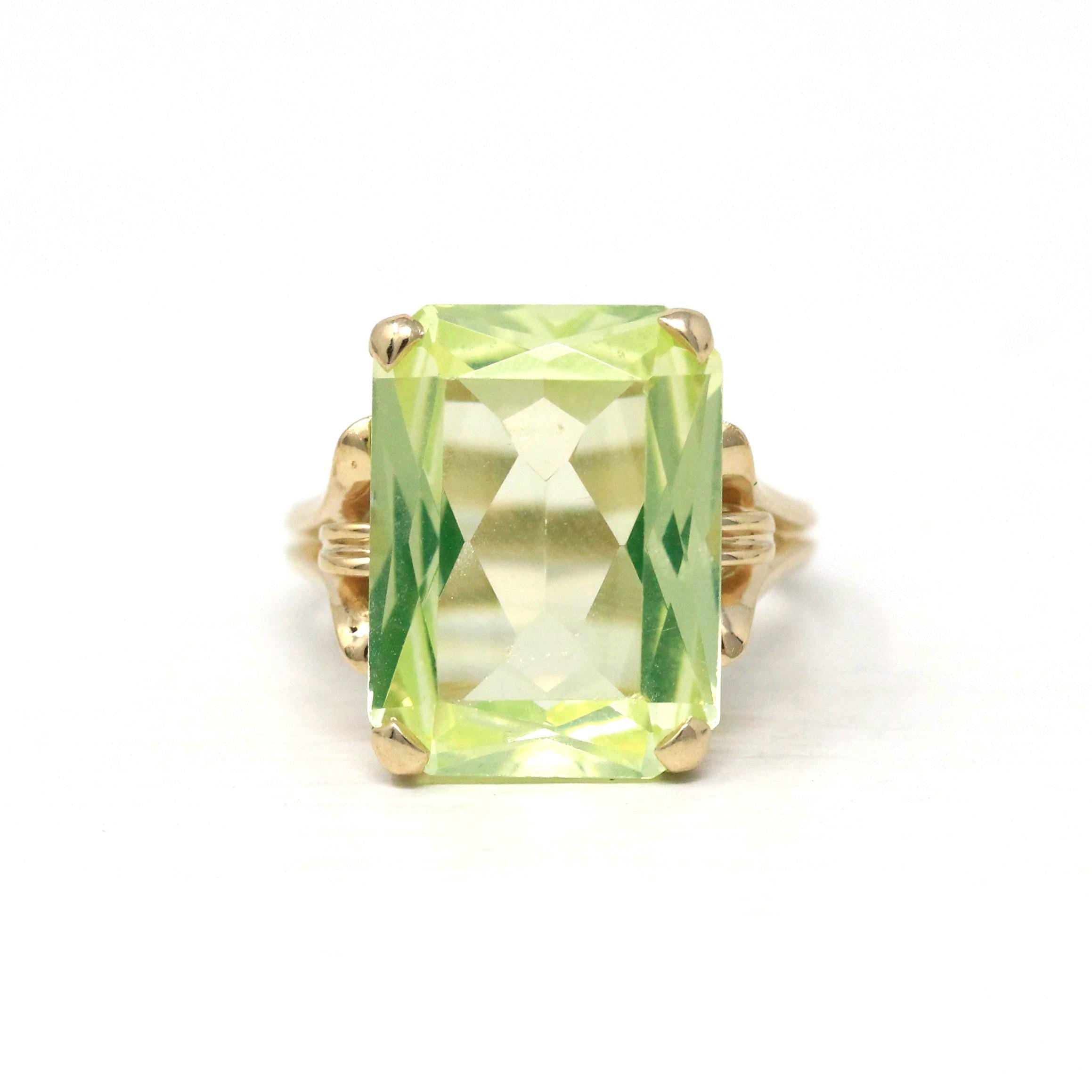 Created Spinel Ring - Retro 14k Yellow Gold Emerald Cut Light Green Stone - Vintage Circa 1960s Era Size 4 1/2 Fine Statement 60s Jewelry