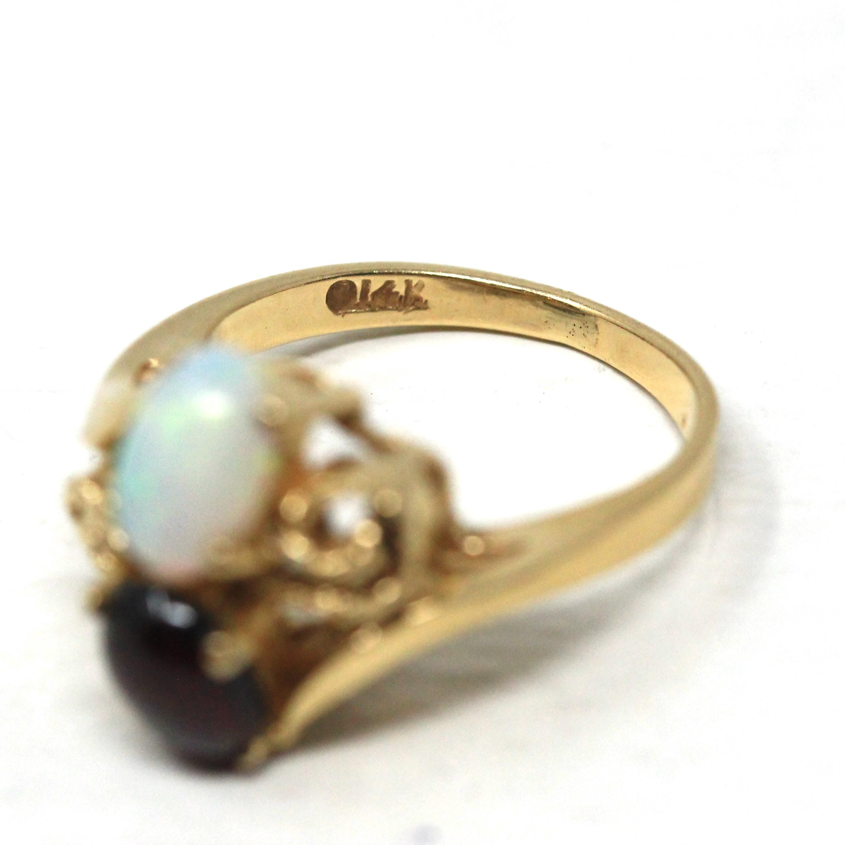 Toi Et Moi Ring - Modern Estate 14k Yellow Gold Natural Garnet and Opal - Circa 2000s Size 4 1/2 Fine January October Birthstone Jewelry