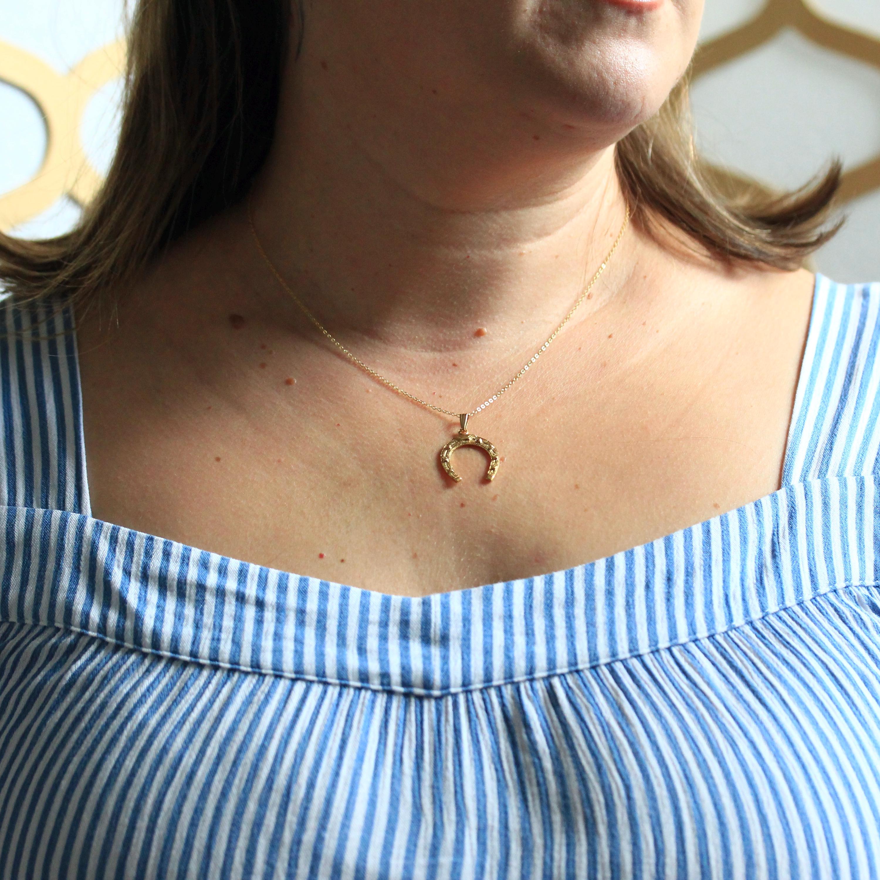 Estate Horseshoe Pendant - Modern 18k Yellow Gold Nail Studded Necklace Charm - Circa 2000's Era Good Luck Equestrian Horse Fine Jewelry