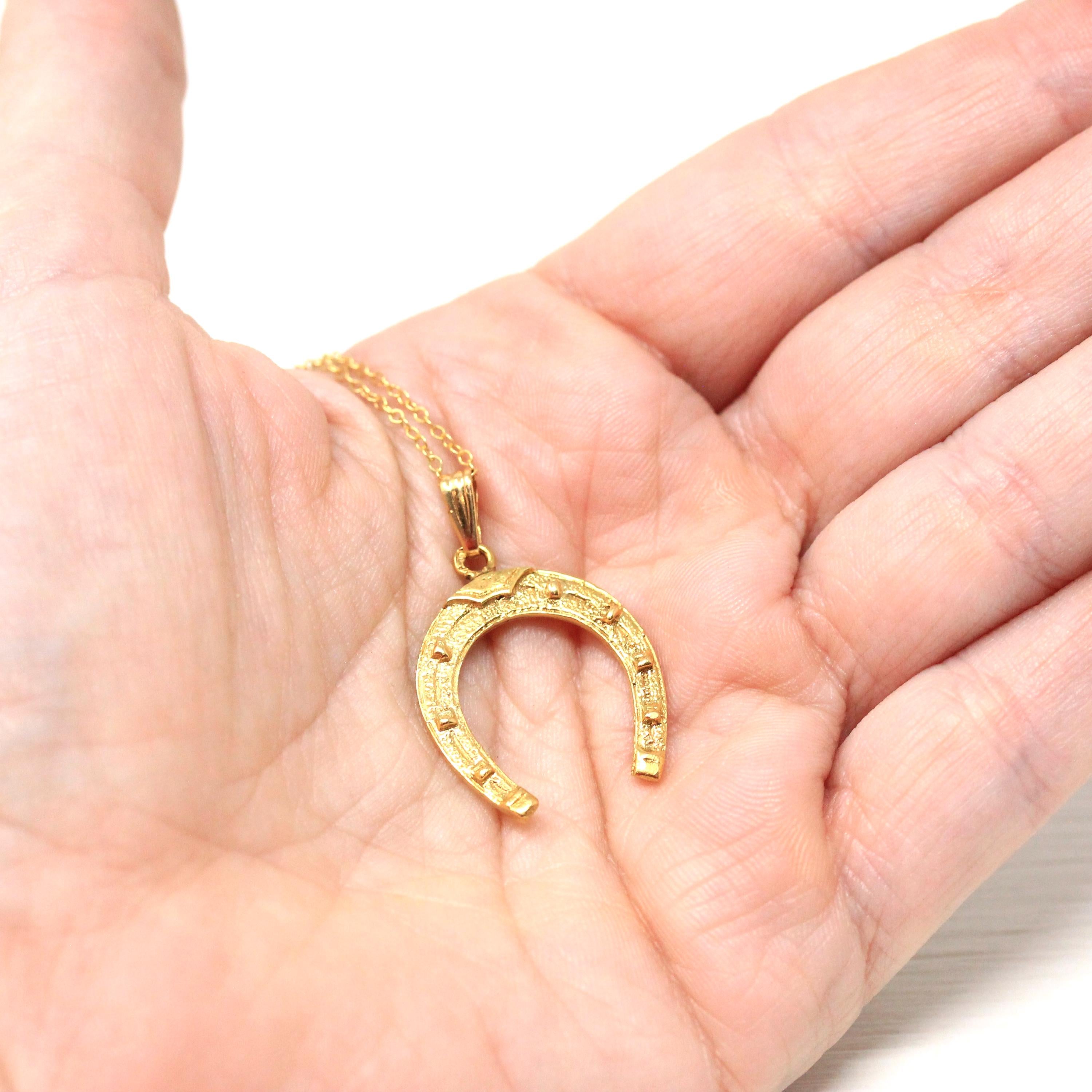 Estate Horseshoe Pendant - Modern 18k Yellow Gold Nail Studded Necklace Charm - Circa 2000's Era Good Luck Equestrian Horse Fine Jewelry