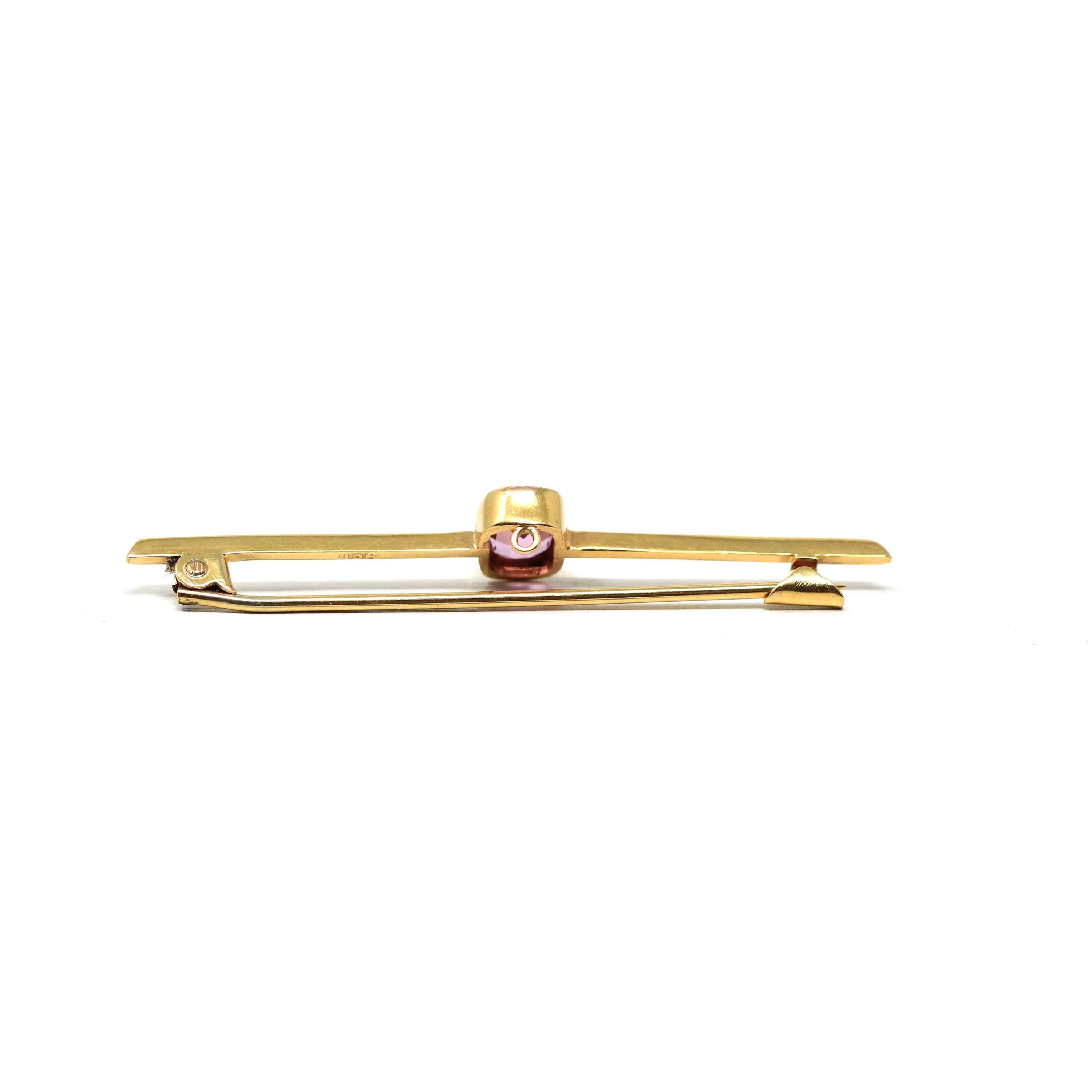 Simulated Pink Sapphire Brooch - Edwardian 9CT Yellow Gold Statement Pink Glass Bar Pin - Antique Circa 1910s Fashion Accessory Fine Jewelry