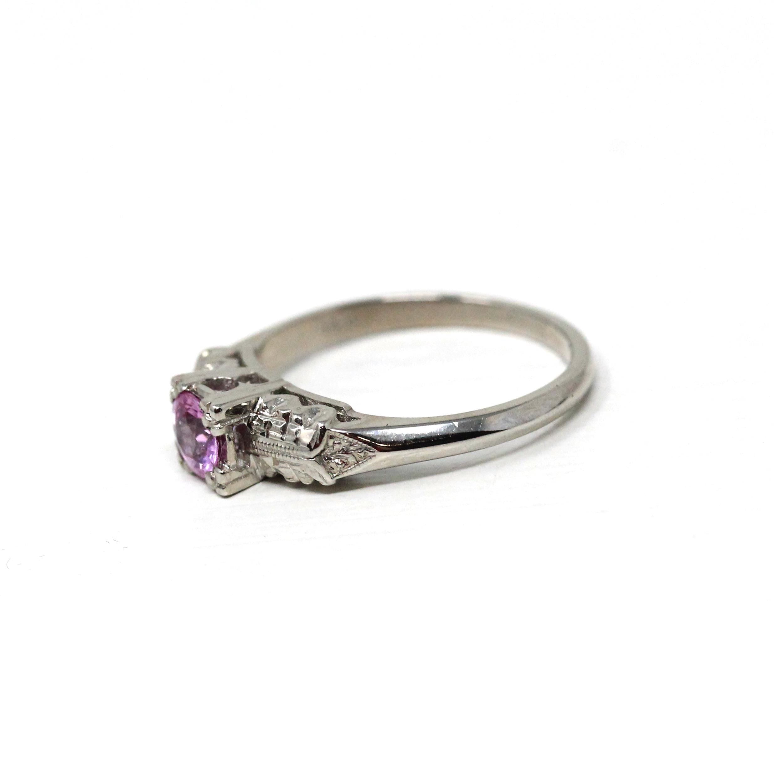 Pink Sapphire Ring - Mid Century 14k White Gold Natural Gemstone Square Setting - Vintage 1950s Size 6 Floral Fine 50s Engagement Jewelry