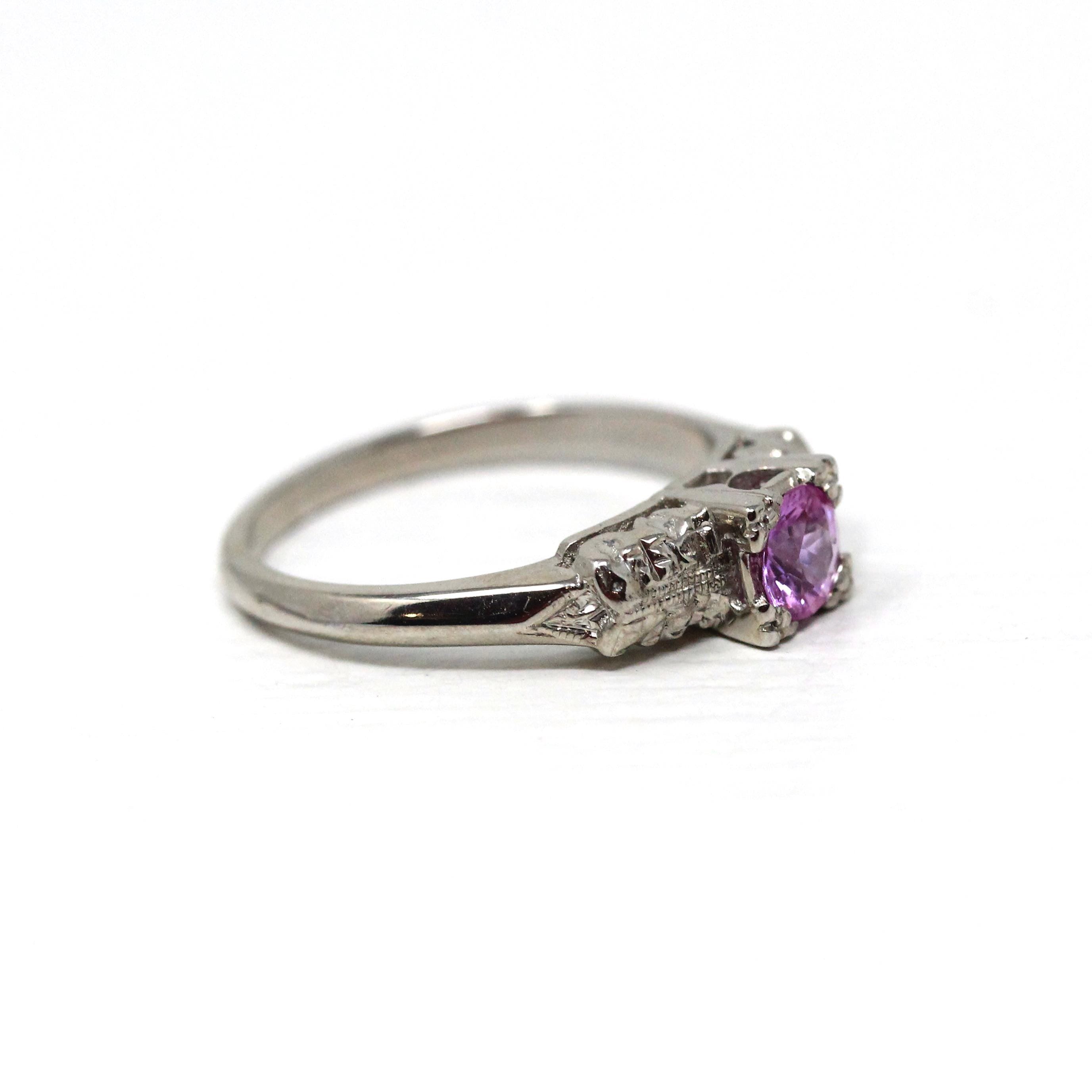 Pink Sapphire Ring - Mid Century 14k White Gold Natural Gemstone Square Setting - Vintage 1950s Size 6 Floral Fine 50s Engagement Jewelry