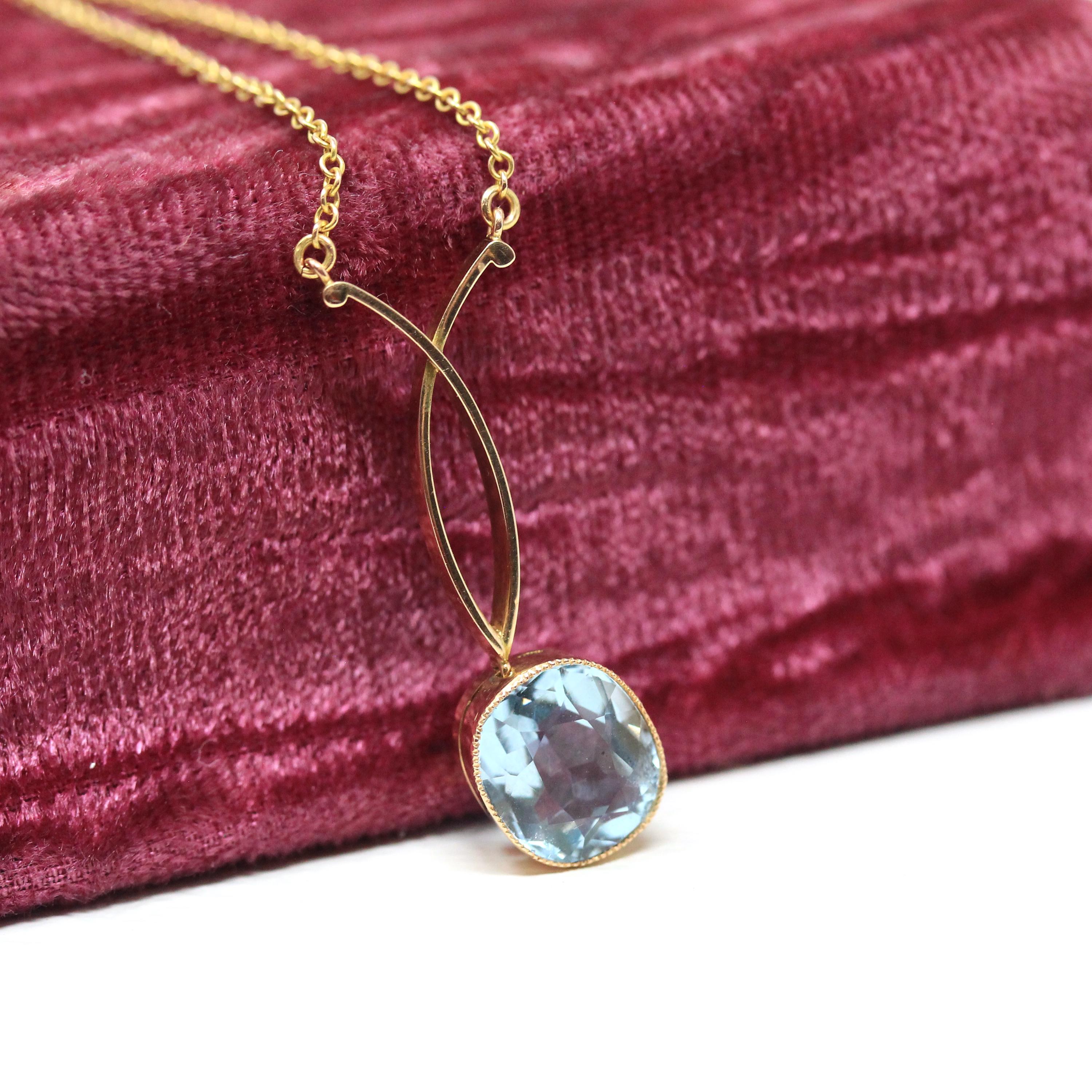 Antique Aquamarine Necklace - Edwardian 15k Yellow Gold 2.45 CT Natural Gem Pendant - Circa 1910s Cushion Cut Statement Fine March Jewelry