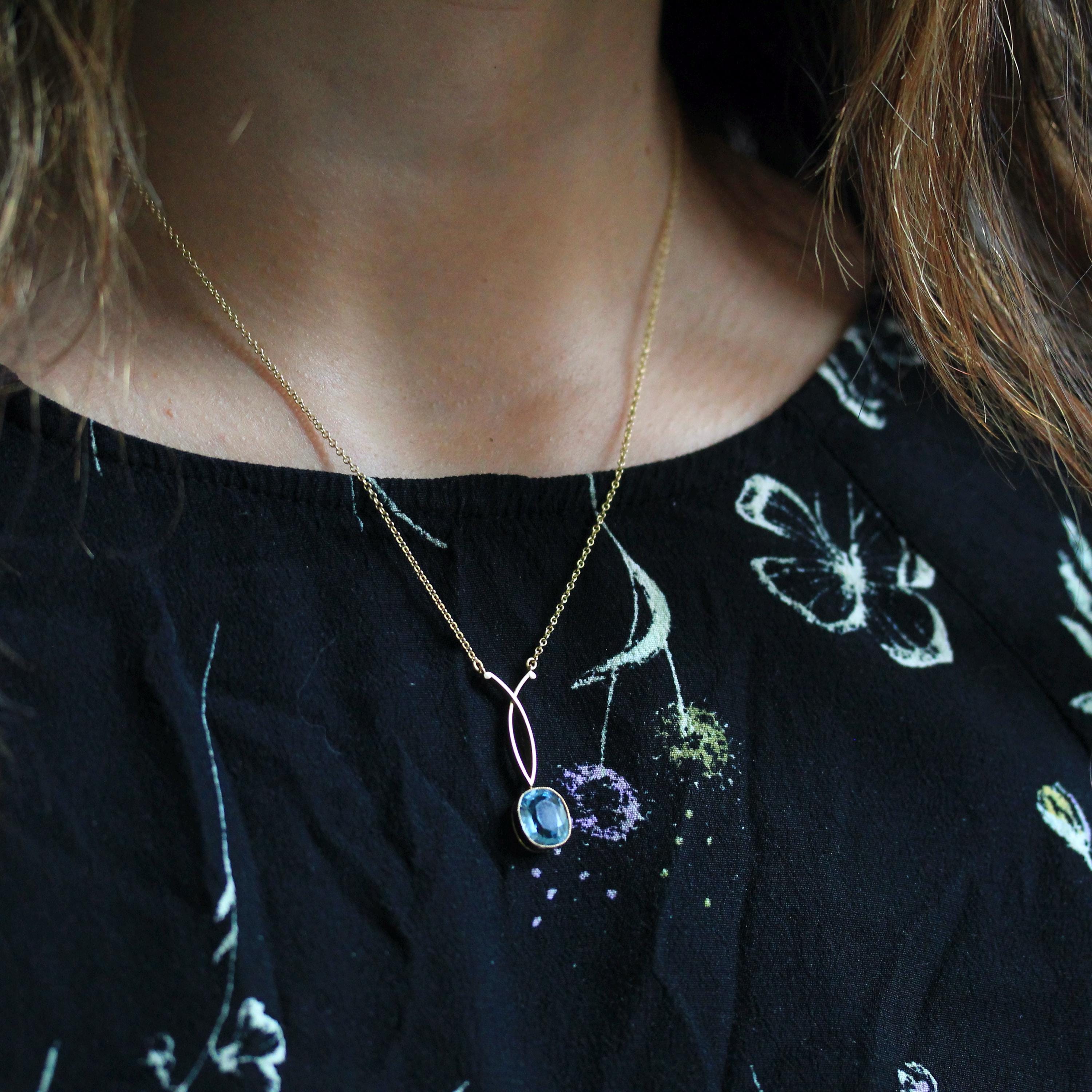 Antique Aquamarine Necklace - Edwardian 15k Yellow Gold 2.45 CT Natural Gem Pendant - Circa 1910s Cushion Cut Statement Fine March Jewelry