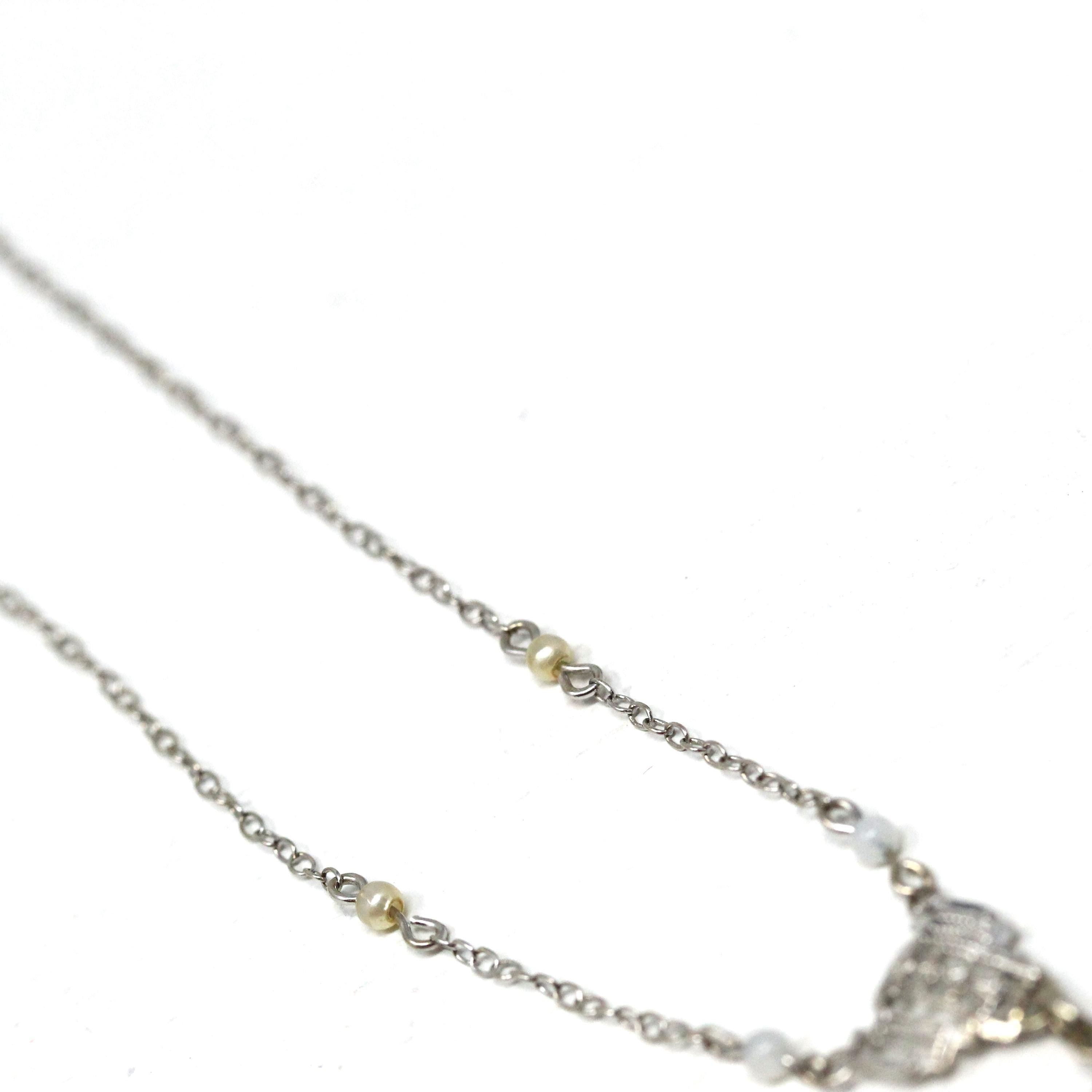 Art Deco Lavalier - Vintage 10k White Gold Simulated Aquamarine Blue Glass Necklace - Circa 1930s Era Simulated Seed Pearls 30s Fine Jewelry