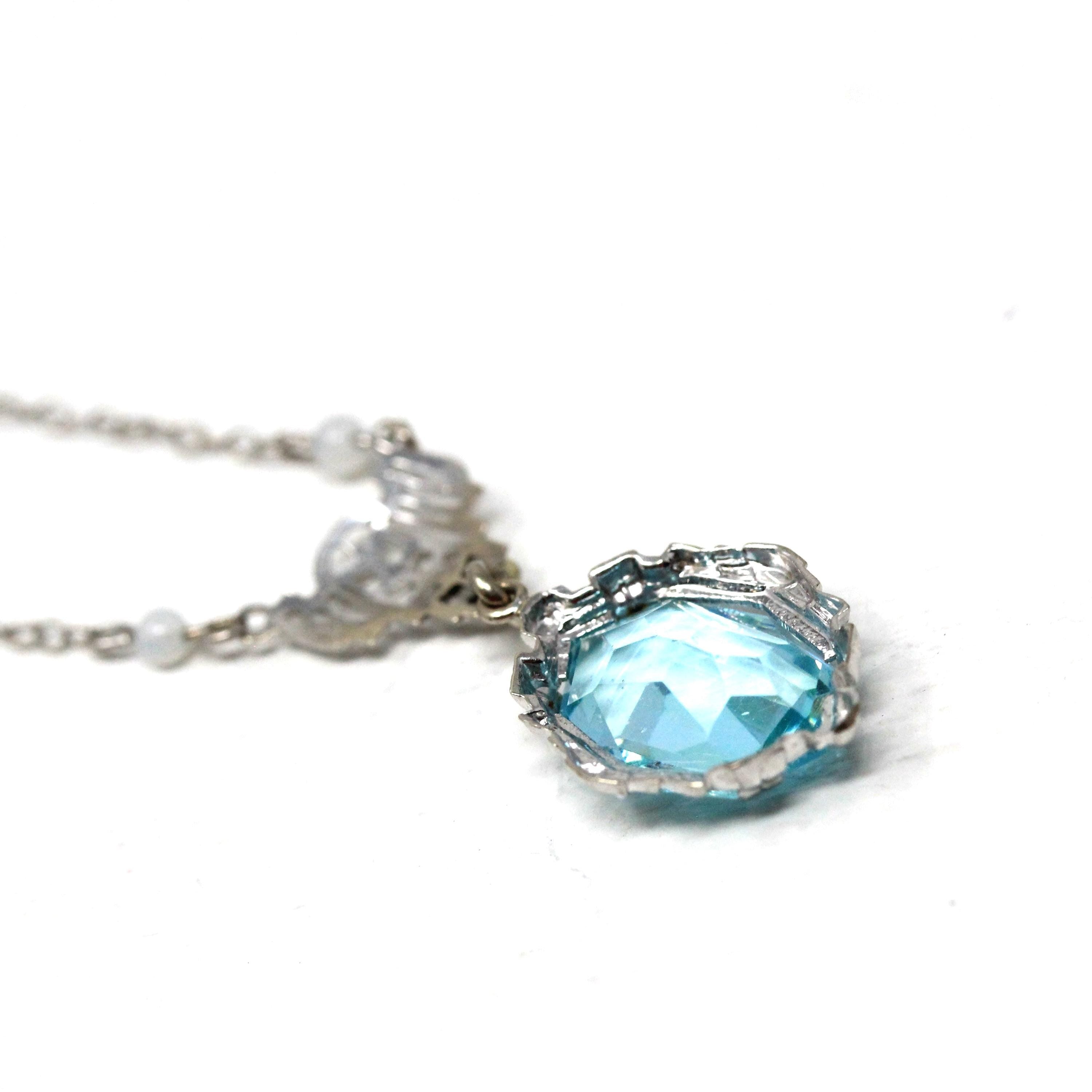 Art Deco Lavalier - Vintage 10k White Gold Simulated Aquamarine Blue Glass Necklace - Circa 1930s Era Simulated Seed Pearls 30s Fine Jewelry