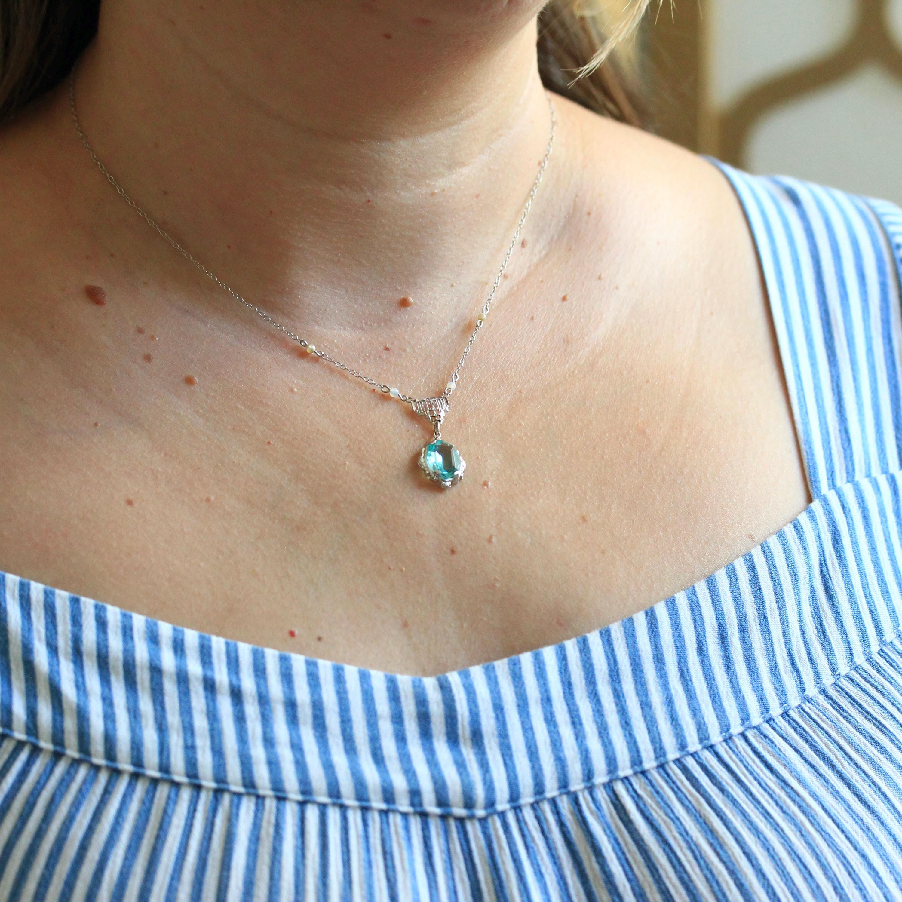 Art Deco Lavalier - Vintage 10k White Gold Simulated Aquamarine Blue Glass Necklace - Circa 1930s Era Simulated Seed Pearls 30s Fine Jewelry