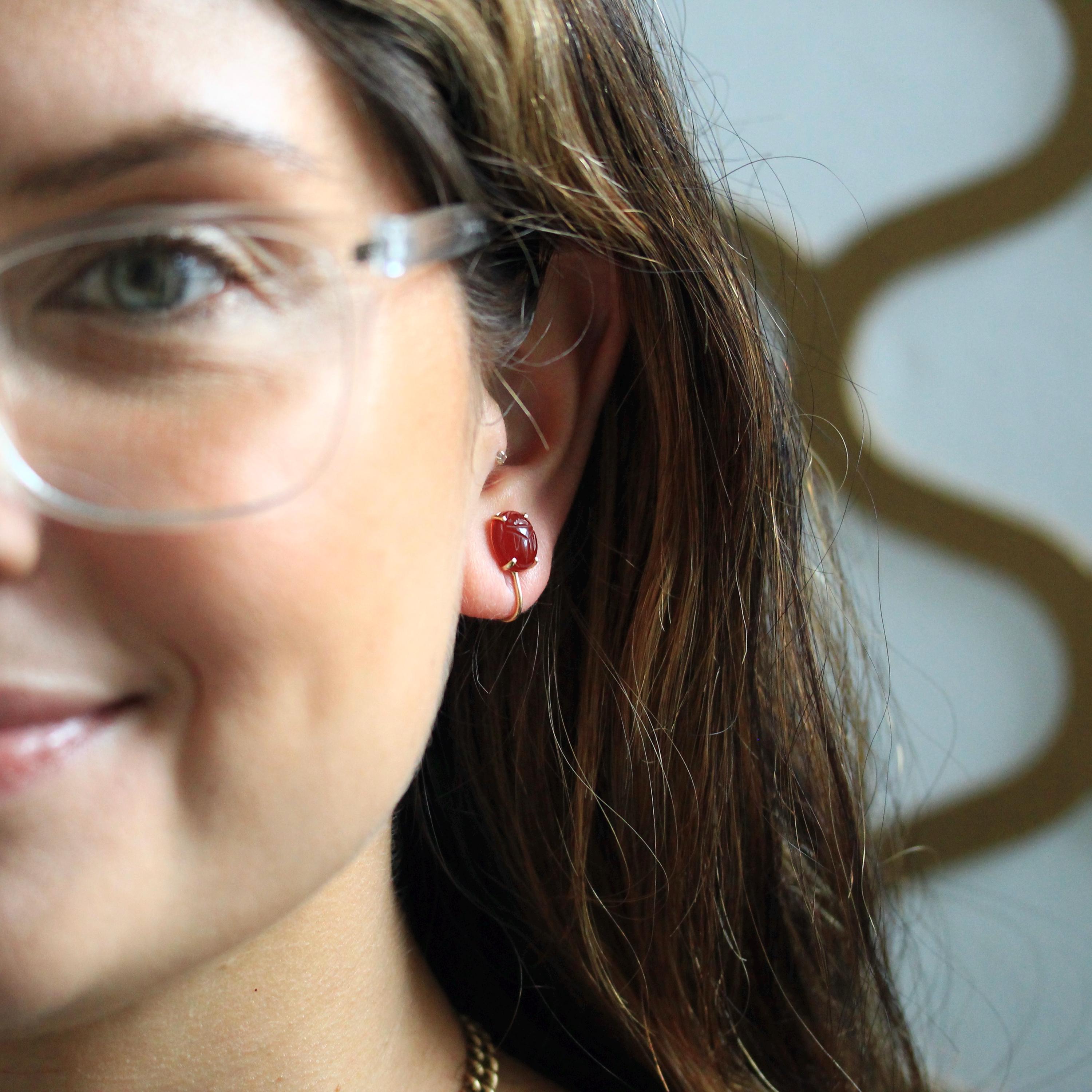 Vintage Scarab Earrings - Retro 14k Yellow Gold Carved Natural Carnelian Gemstones - Circa 1960s Era Egyptian Revival Style Beetle Jewelry