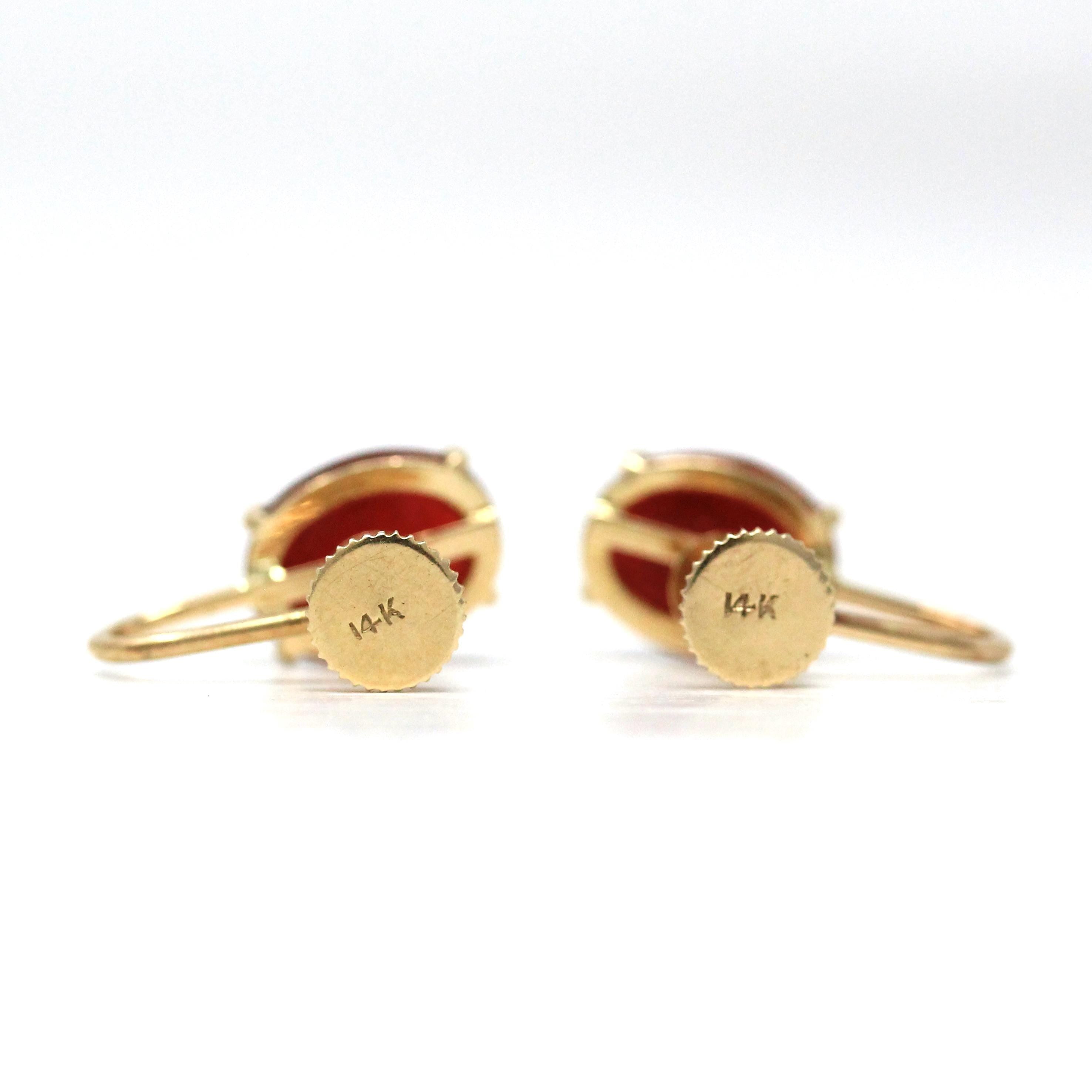 Vintage Scarab Earrings - Retro 14k Yellow Gold Carved Natural Carnelian Gemstones - Circa 1960s Era Egyptian Revival Style Beetle Jewelry