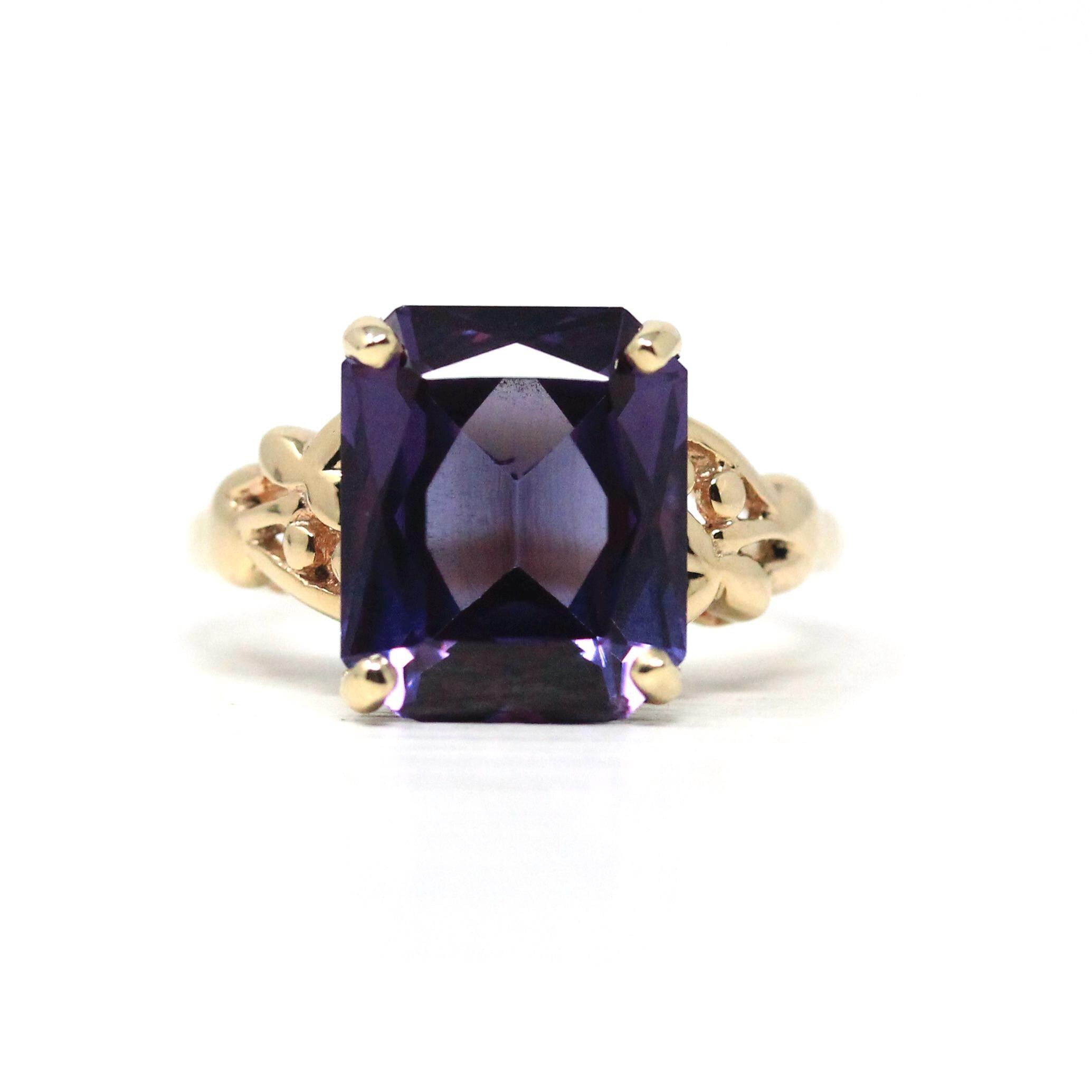 Created Color Change Sapphire Ring - Retro Era 14k Yellow Gold Rectangular Purple Blue Gemstone - Vintage 1940s Size 6 3/4 Fine 40s Jewelry