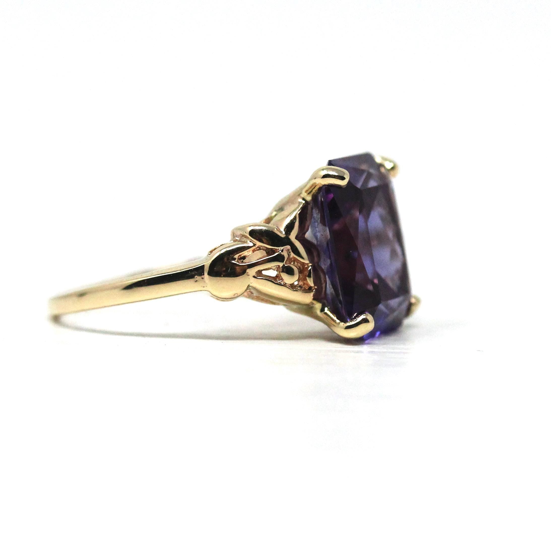 Created Color Change Sapphire Ring - Retro Era 14k Yellow Gold Rectangular Purple Blue Gemstone - Vintage 1940s Size 6 3/4 Fine 40s Jewelry