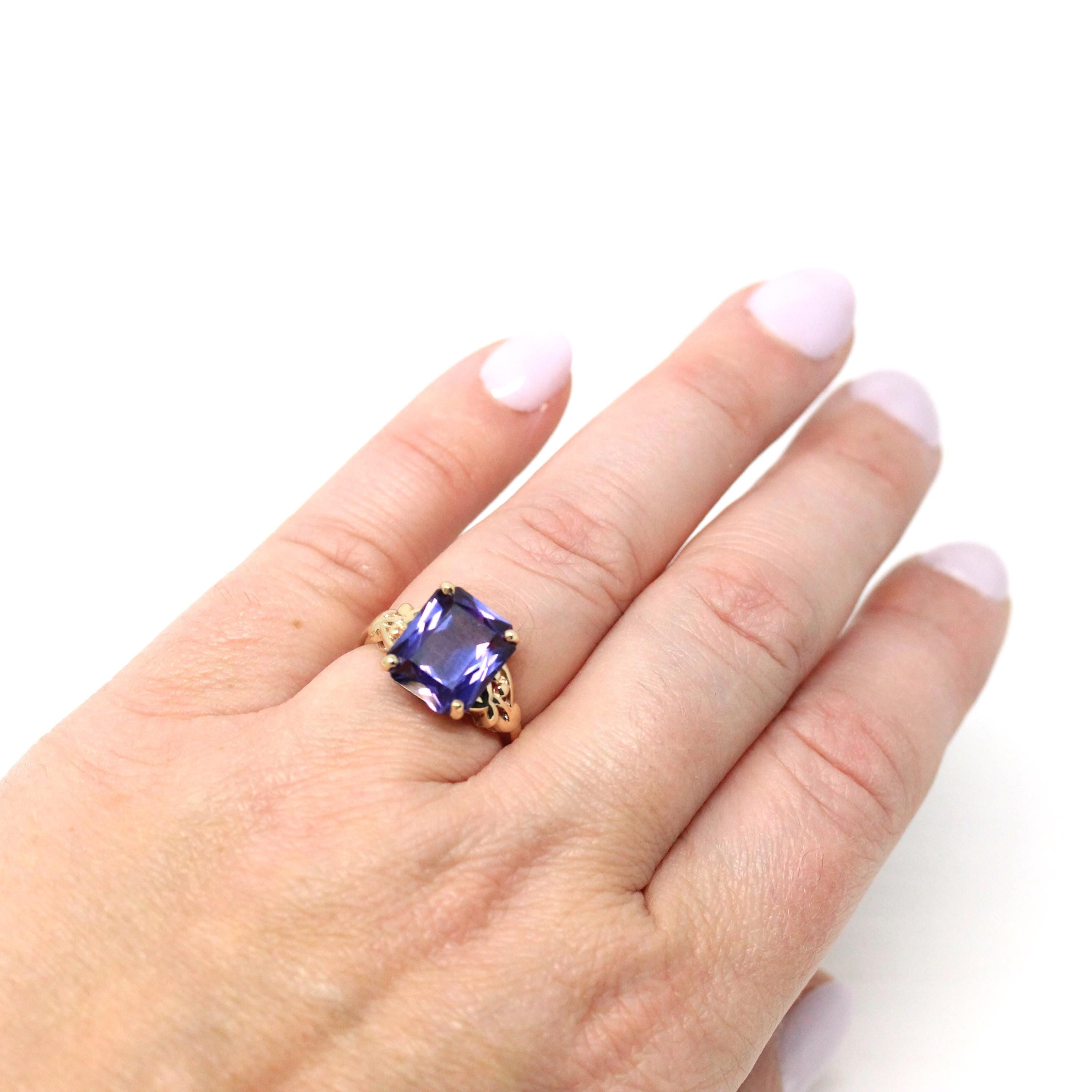 Created Color Change Sapphire Ring - Retro Era 14k Yellow Gold Rectangular Purple Blue Gemstone - Vintage 1940s Size 6 3/4 Fine 40s Jewelry
