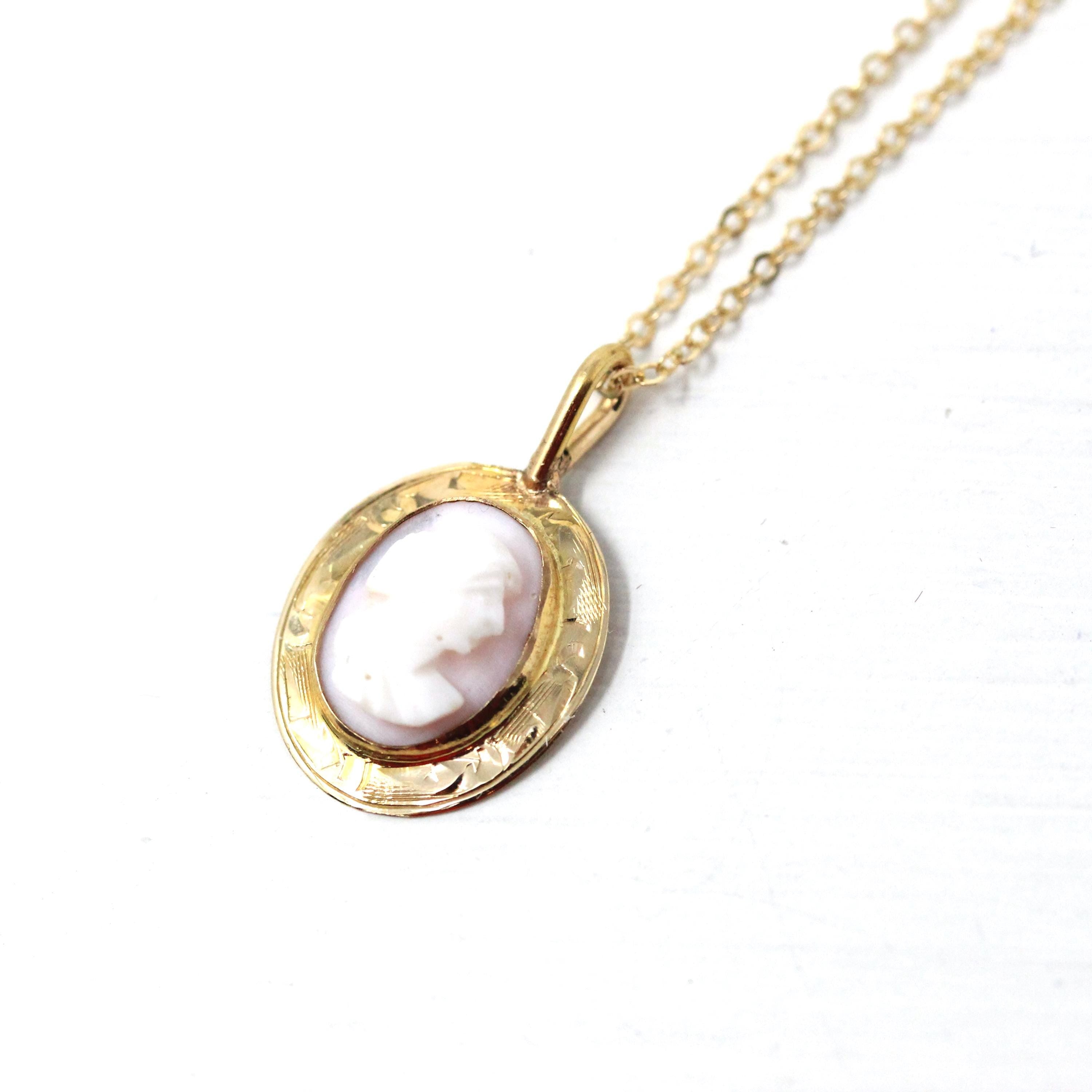 Antique Cameo Necklace - Edwardian 10k Yellow Gold Carved Pink White Shell Pendant - Vintage Circa 1910s Era Fashion Accessory Fine Jewelry