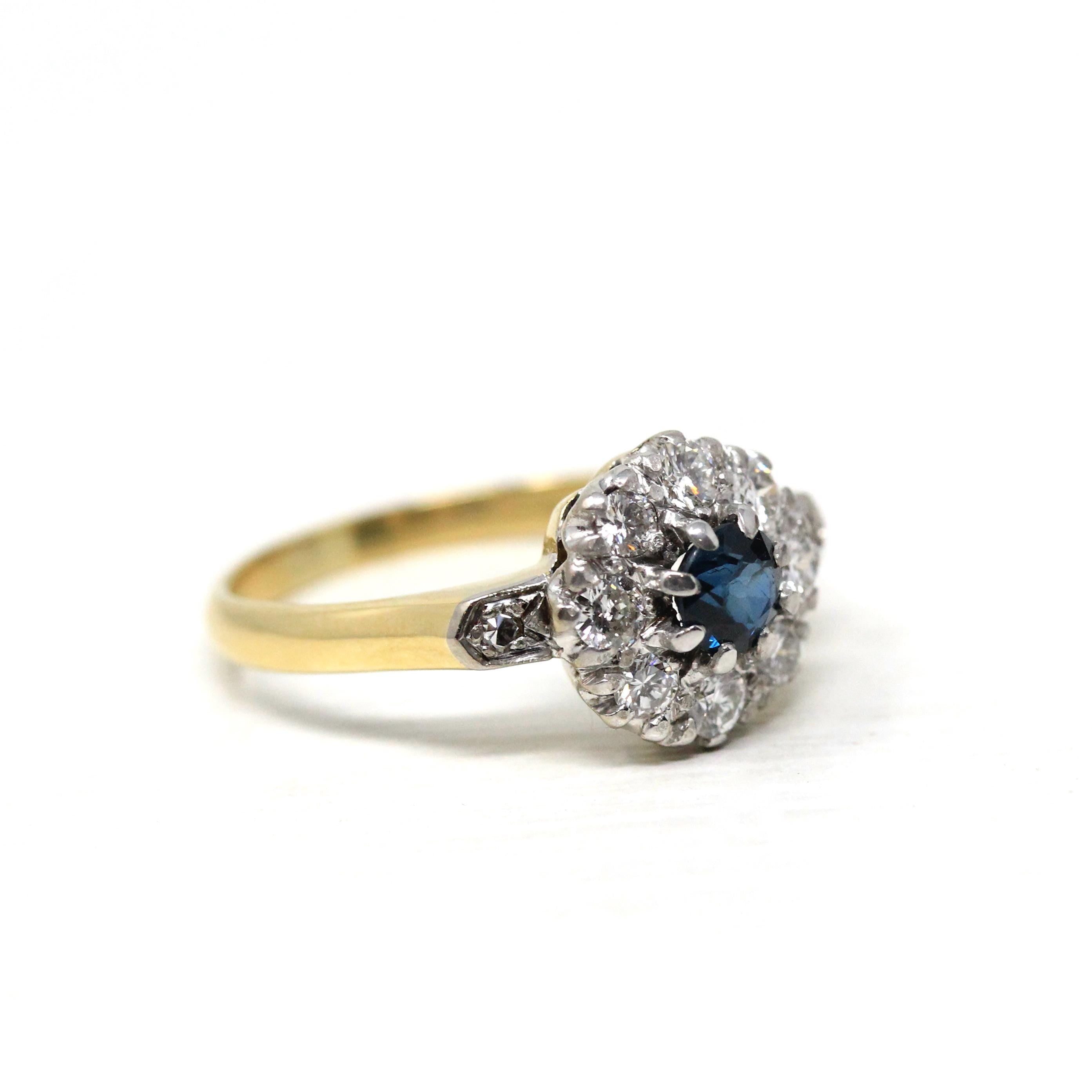 Vintage Halo Ring - Art Deco 18k Yellow & White Gold Natural Blue Sapphire Diamond Halo - Circa 1930s Size 7 Flower Engagement Fine Jewelry