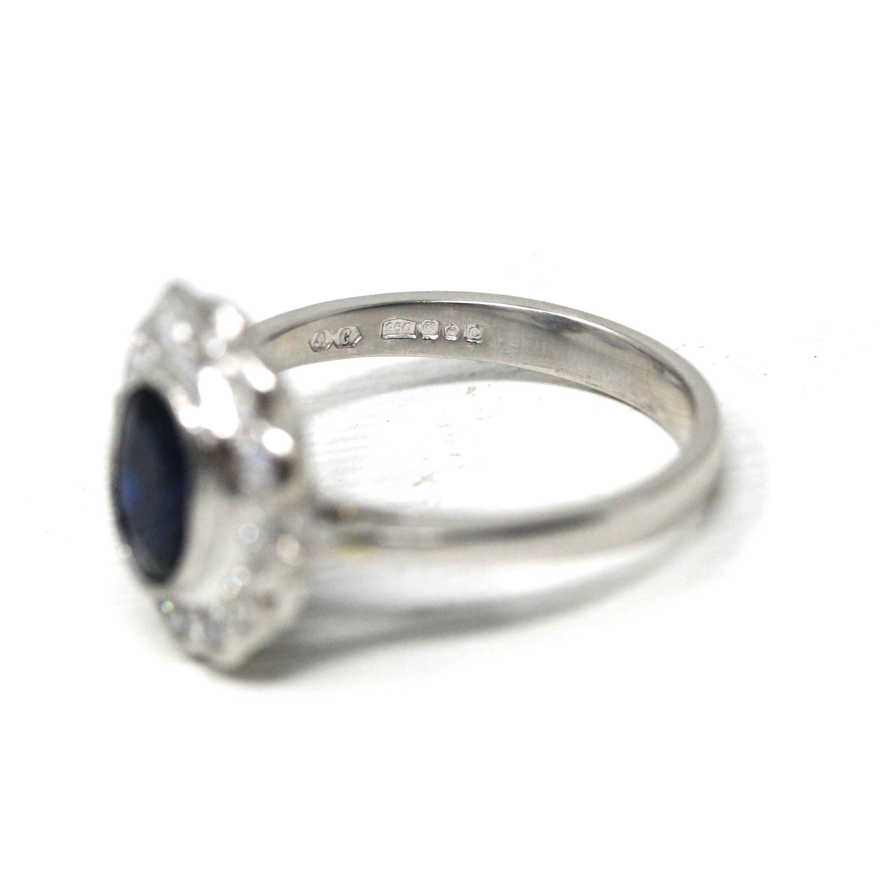 Sapphire & Diamond Ring - Estate Platinum Natural 1.20 CT Blue Oval .36 CTW Halo - Modern 2000s Engagement Fine Flower Report Y2K Jewelry
