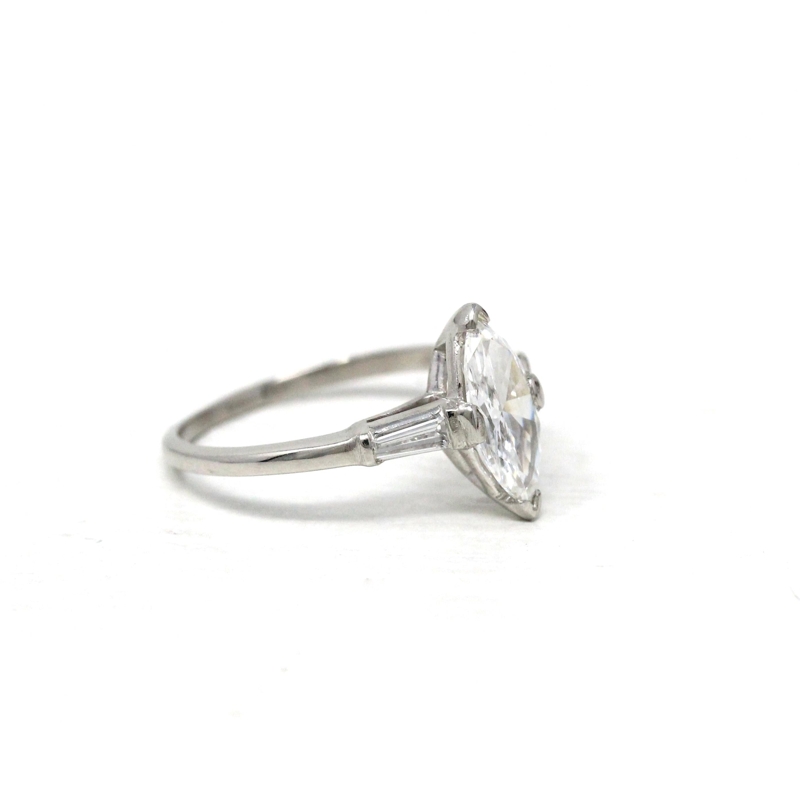 Marquise Engagement Ring - Vintage Platinum 1.26 CTW Natural Diamond - Circa 60s Size 8 Three Stone Baguettes Fine Bridal GIA Report Jewelry