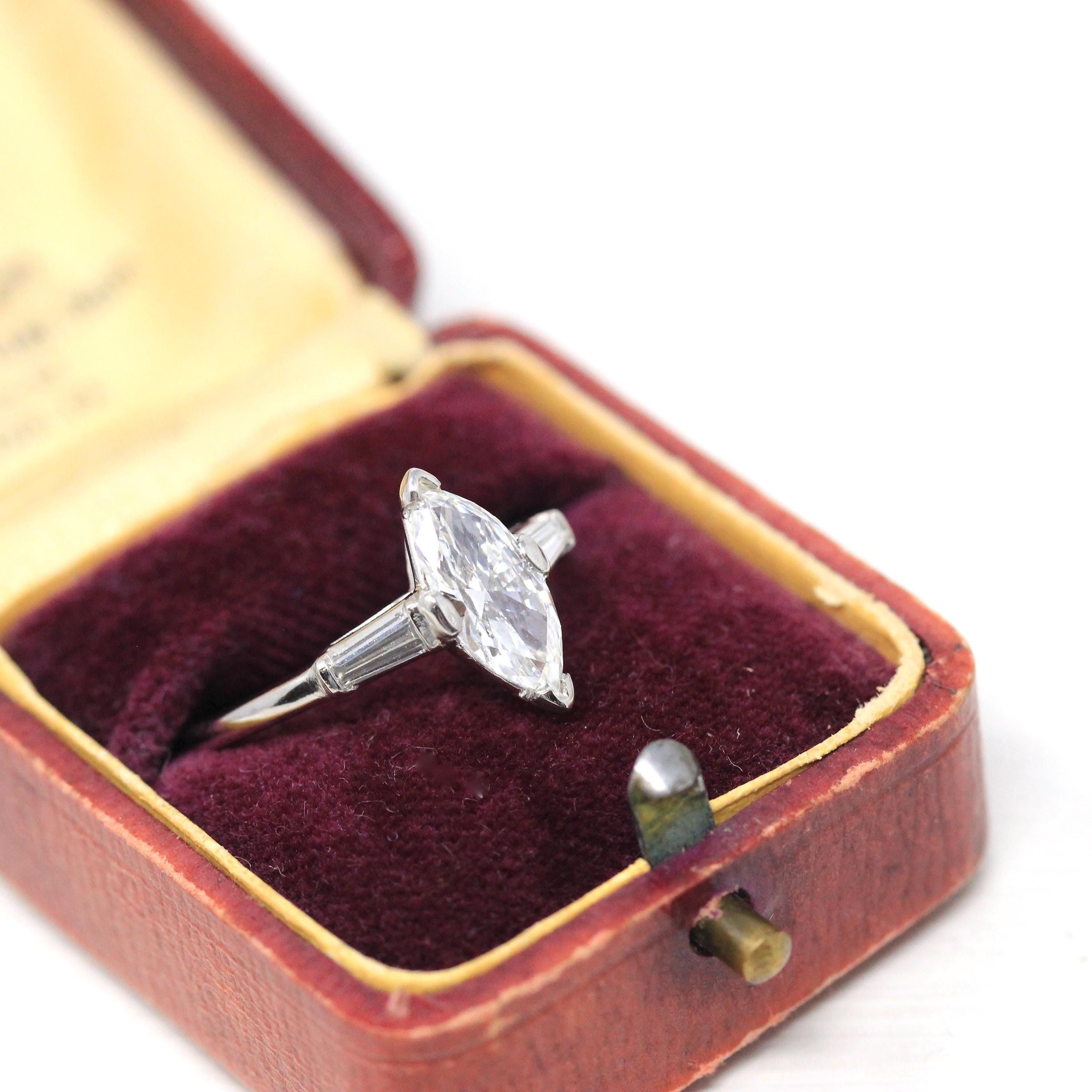 Marquise Engagement Ring - Vintage Platinum 1.26 CTW Natural Diamond - Circa 60s Size 8 Three Stone Baguettes Fine Bridal GIA Report Jewelry