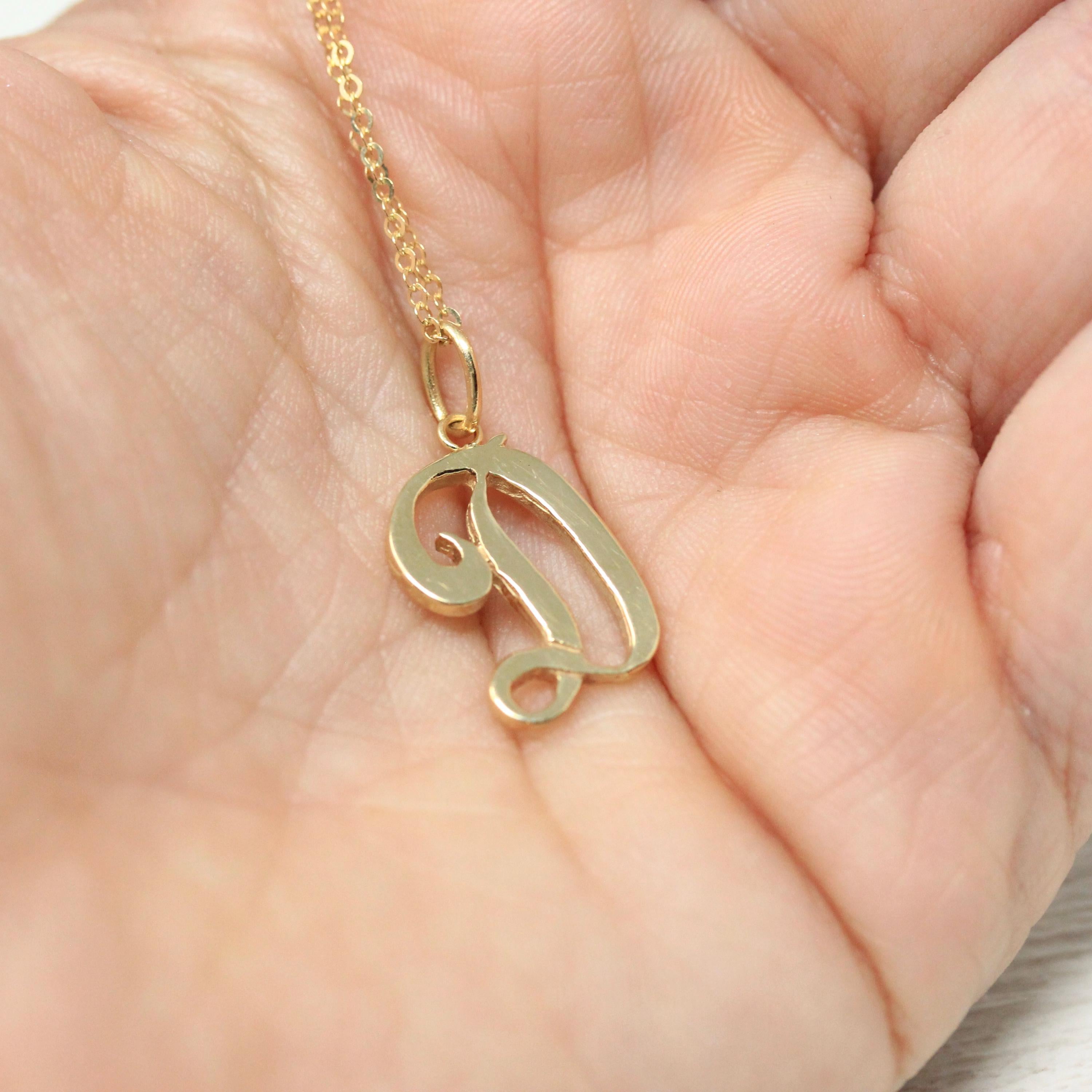 Letter "D" Charm - Estate 10k Yellow Gold Single Cursive Initial Necklace Pendant - Vintage Circa 1990s Era Petite Dainty Fine 90s Jewelry