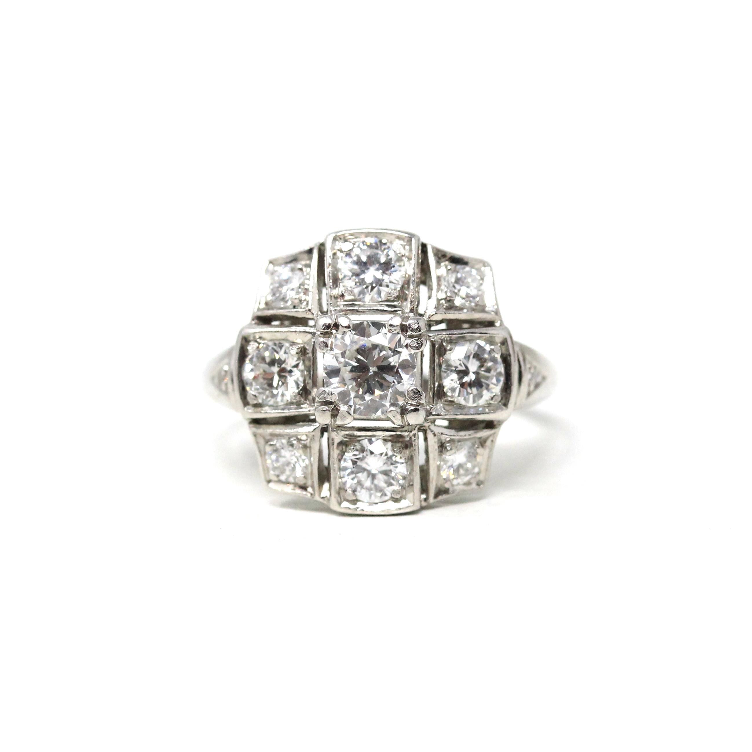 Vintage Diamond Ring - Mid Century Platinum .90 CTW Cluster Halo Engagement - Circa 50s Size 4 1/2 Fine Retro Era Bridal Band Report Jewelry