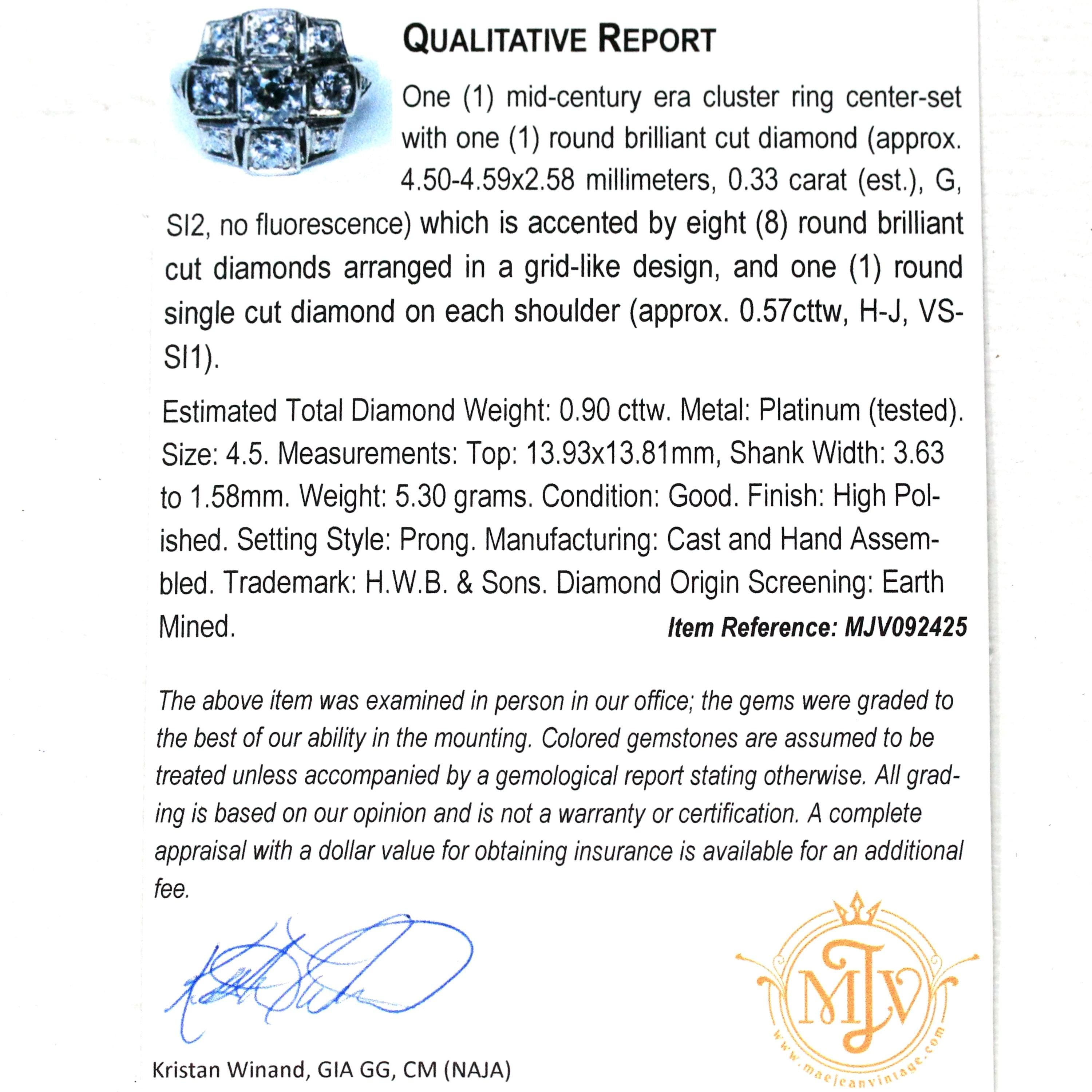 Vintage Diamond Ring - Mid Century Platinum .90 CTW Cluster Halo Engagement - Circa 50s Size 4 1/2 Fine Retro Era Bridal Band Report Jewelry