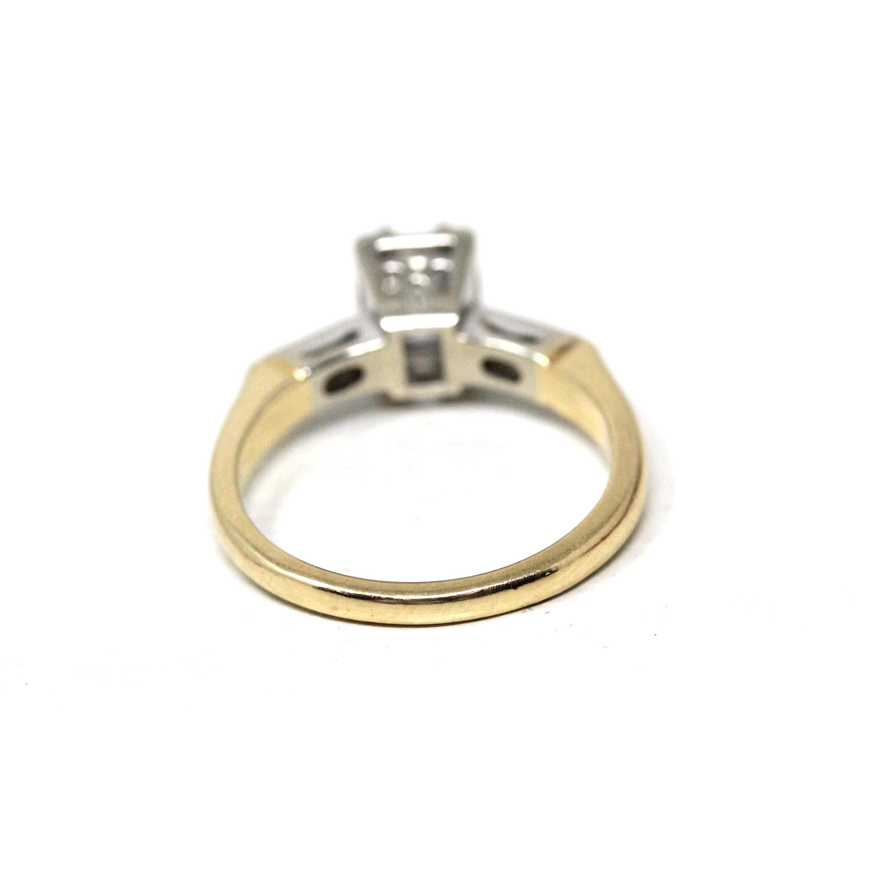 Diamond Engagement Ring - 14k Yellow & White Gold Natural .47 CT Emerald Cut - Size 4 1/4 Circa 1960s Retro Solitaire Fine Report Jewelry