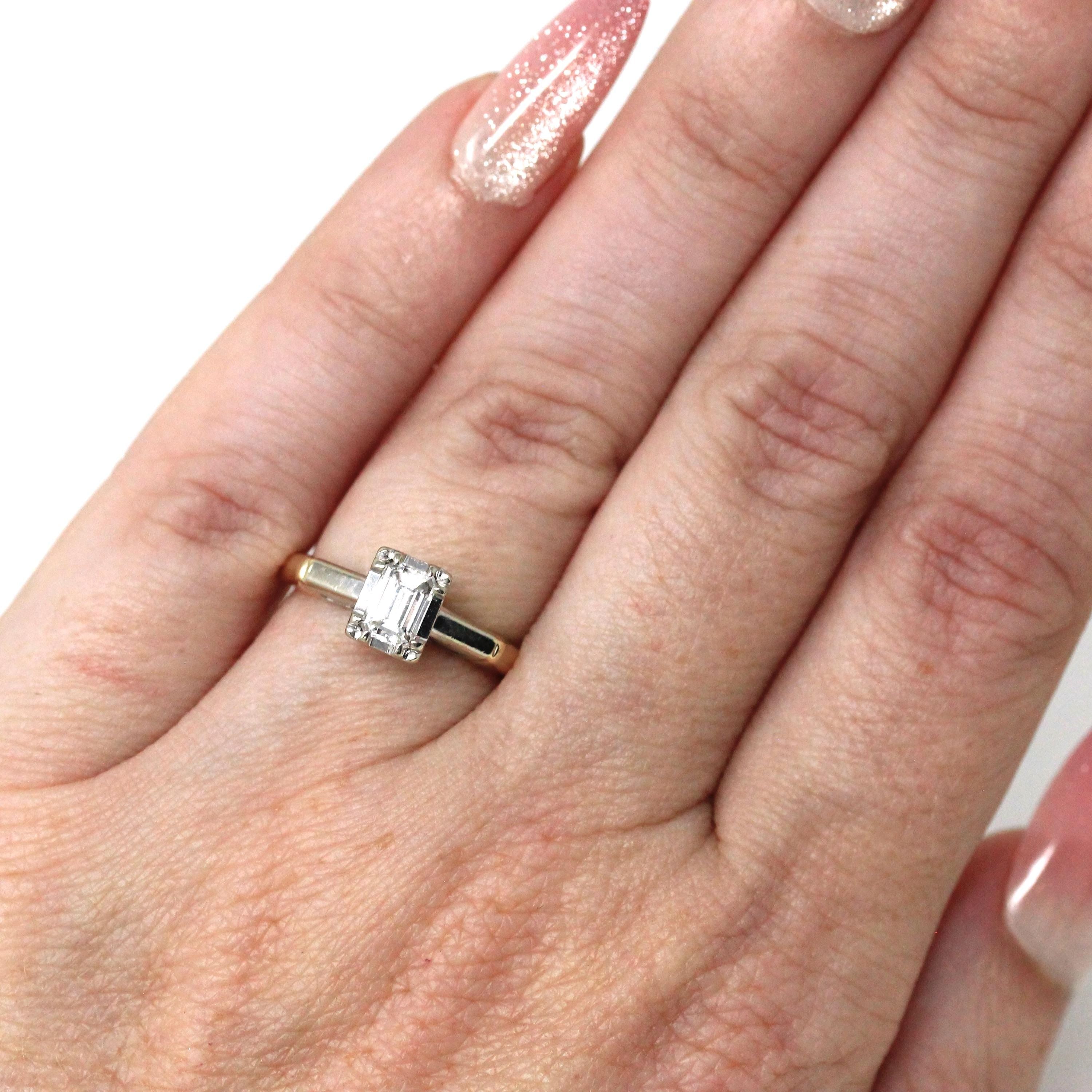 Diamond Engagement Ring - 14k Yellow & White Gold Natural .47 CT Emerald Cut - Size 4 1/4 Circa 1960s Retro Solitaire Fine Report Jewelry