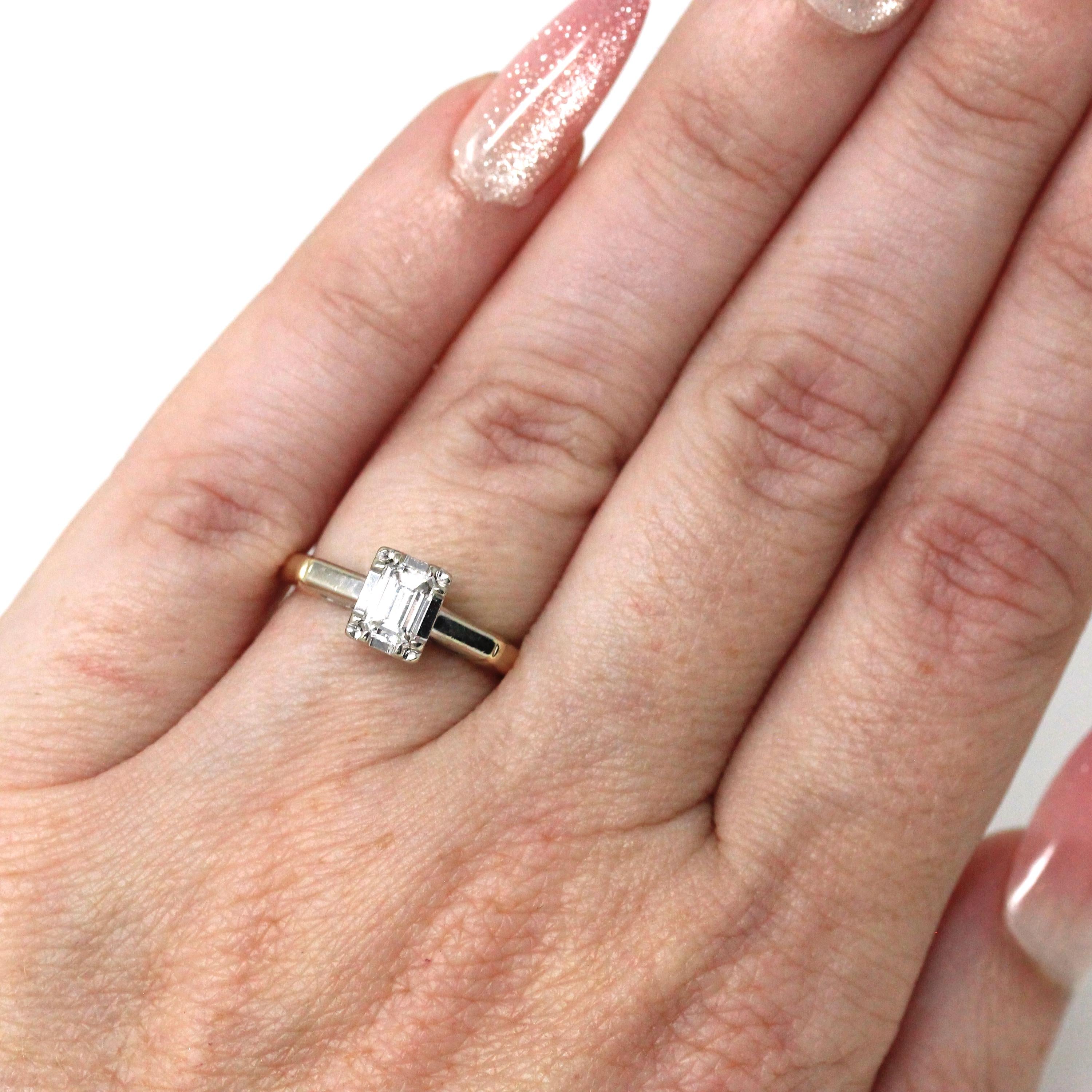 Diamond Engagement Ring - 14k Yellow & White Gold Natural .47 CT Emerald Cut - Size 4 1/4 Circa 1960s Retro Solitaire Fine Report Jewelry