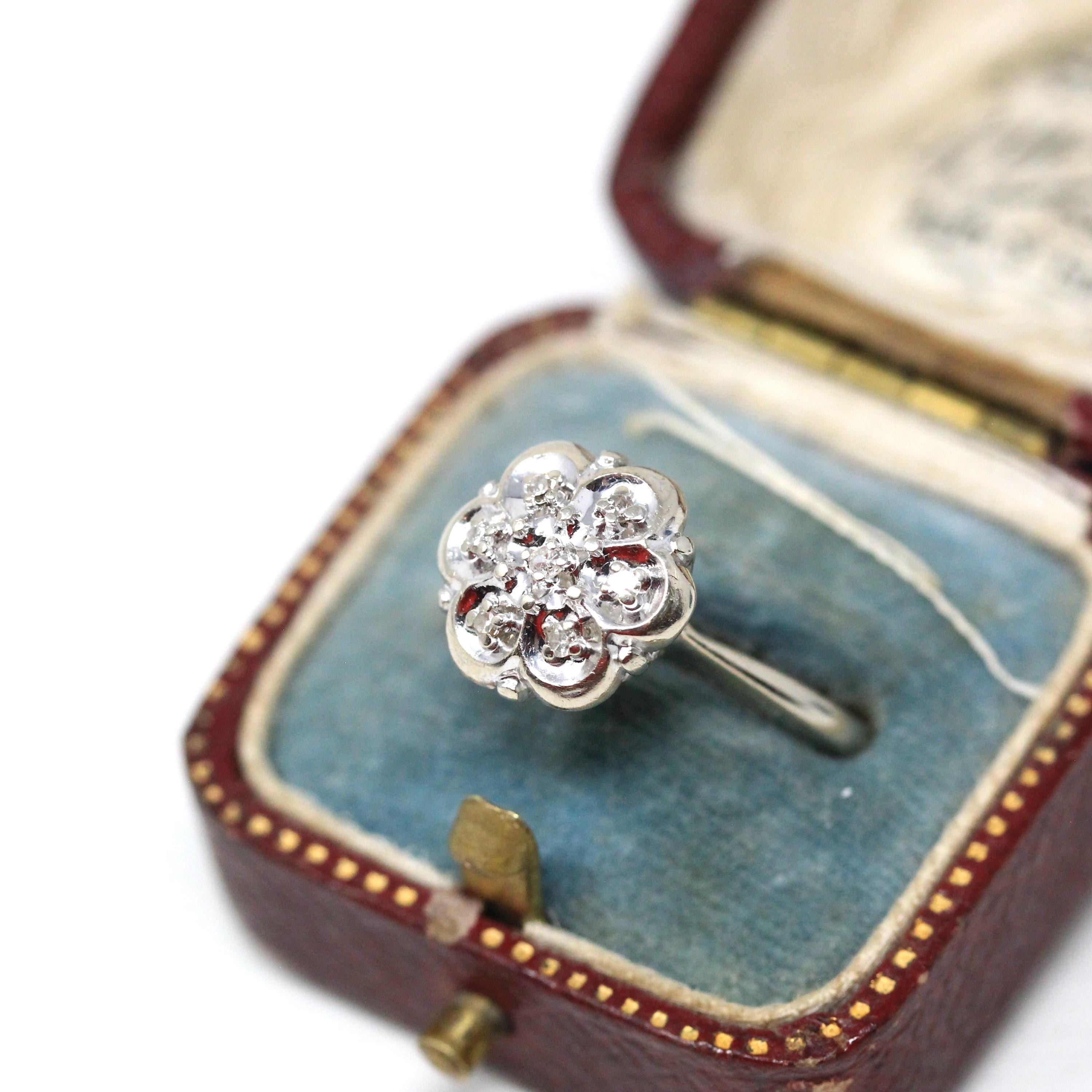 Diamond Cluster Ring - Retro 14k White Gold Natural .14 CTW Gems - Mid Century Vintage Circa 1960s Size 6 1/4 Engagement Halo Fine Jewelry