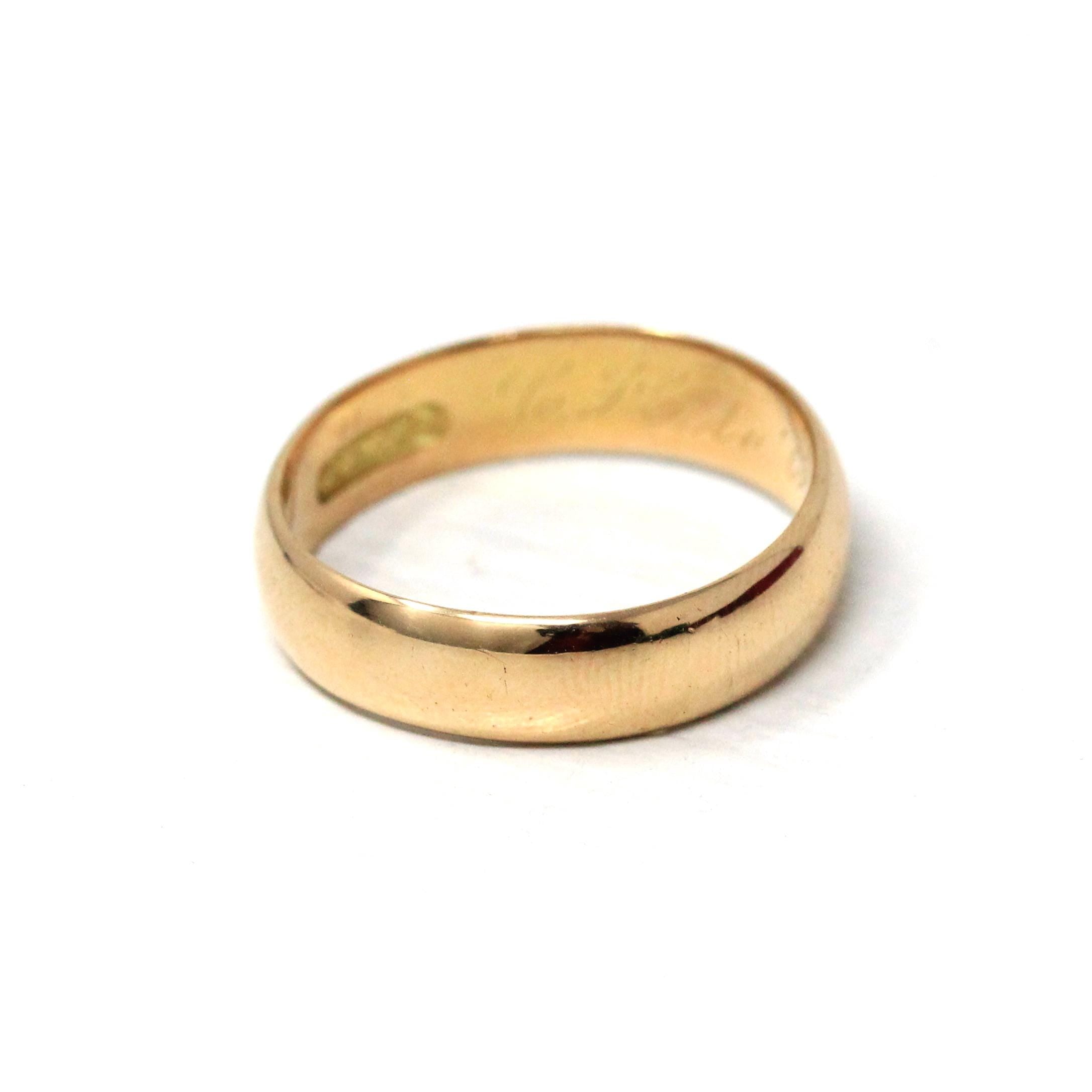 Dated 1906 Band - Edwardian 18k Yellow Gold Engraved "Nov 14" Cigar Style Plain Wedding Ring - Antique Size 10 1/2 Men's Unisex Fine Jewelry