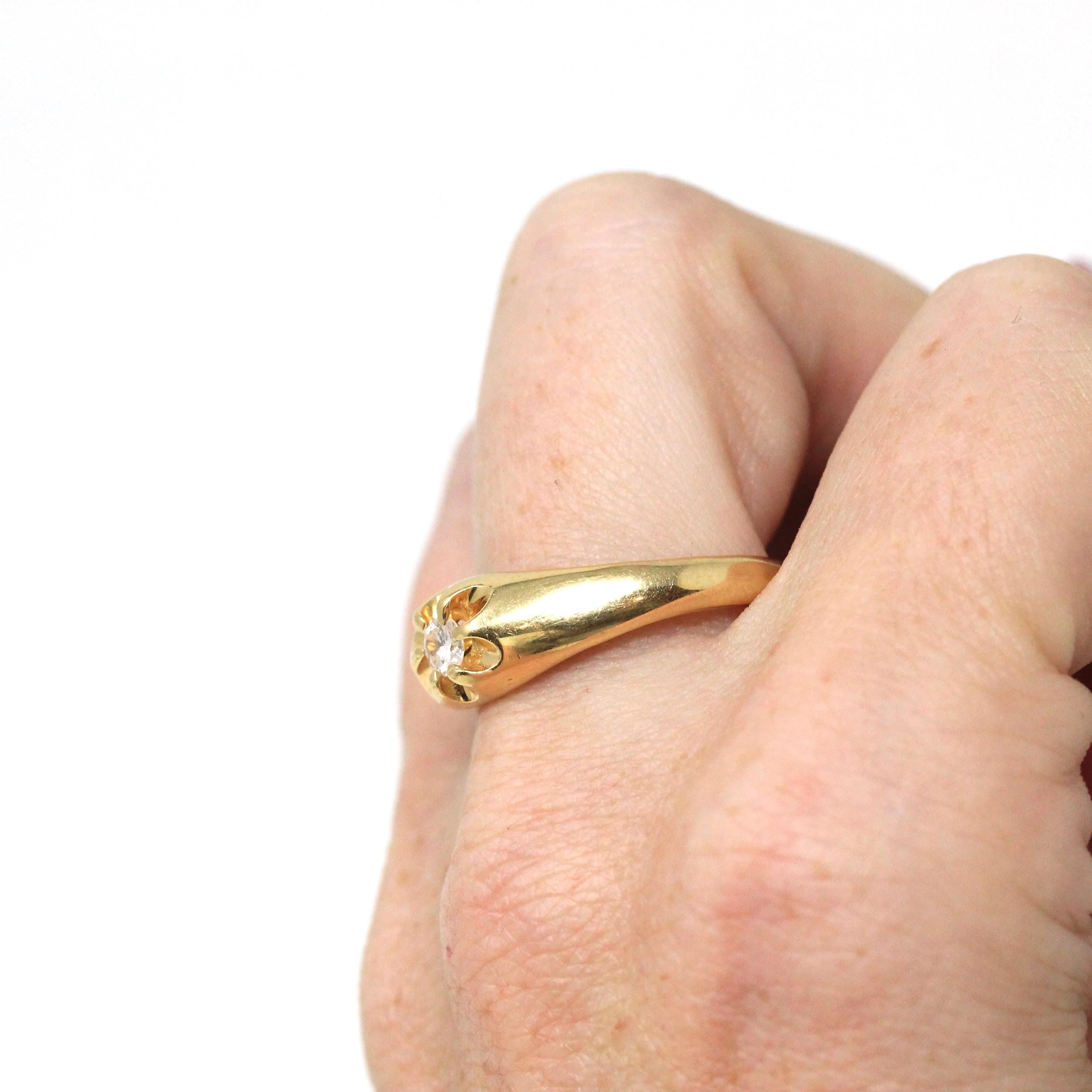 Edwardian Diamond Ring - Antique 14k Yellow Gold Natural Round Brilliant Cut Gem - Vintage 1910s Size 11 1/4 Belcher Fine Engagement Jewelry