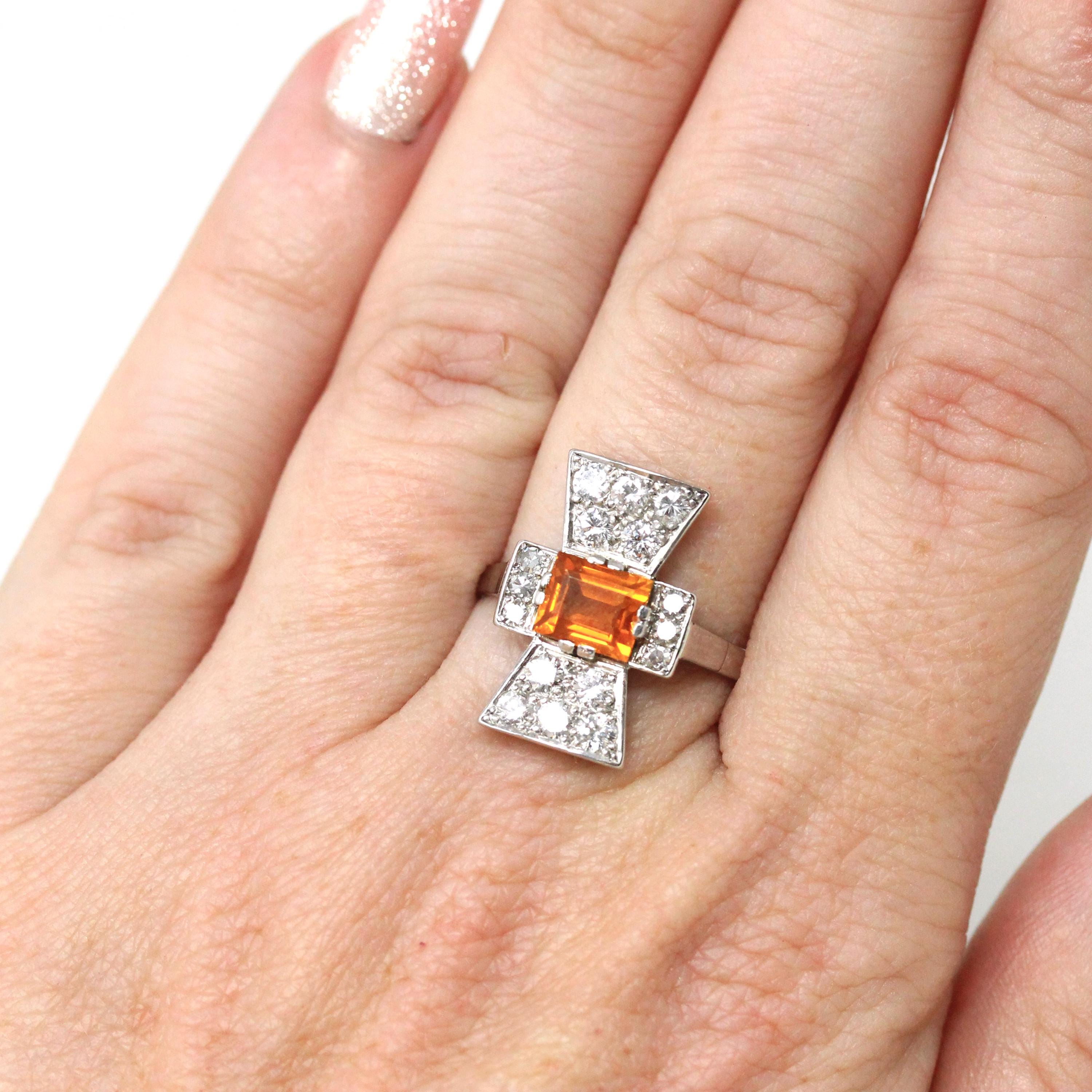 Orange Sapphire Ring - Vintage Estate Platinum Natural Orange Gem & Diamonds - 1950s Style Size 6 3/4 Fine Alternative Engagement Jewelry