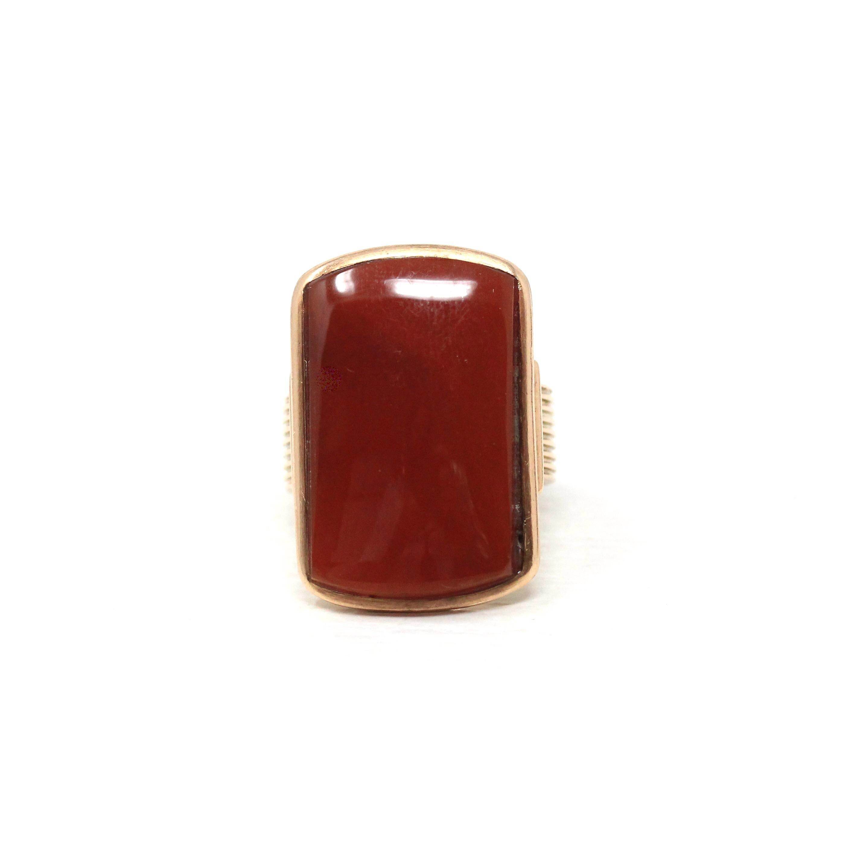 Antique Sard Ring - Victorian Circa 1890s 14k Rose Gold Natural Gemstone Signet - Size 6 1/4 Brown Orange Elongated Statement Fine Jewelry