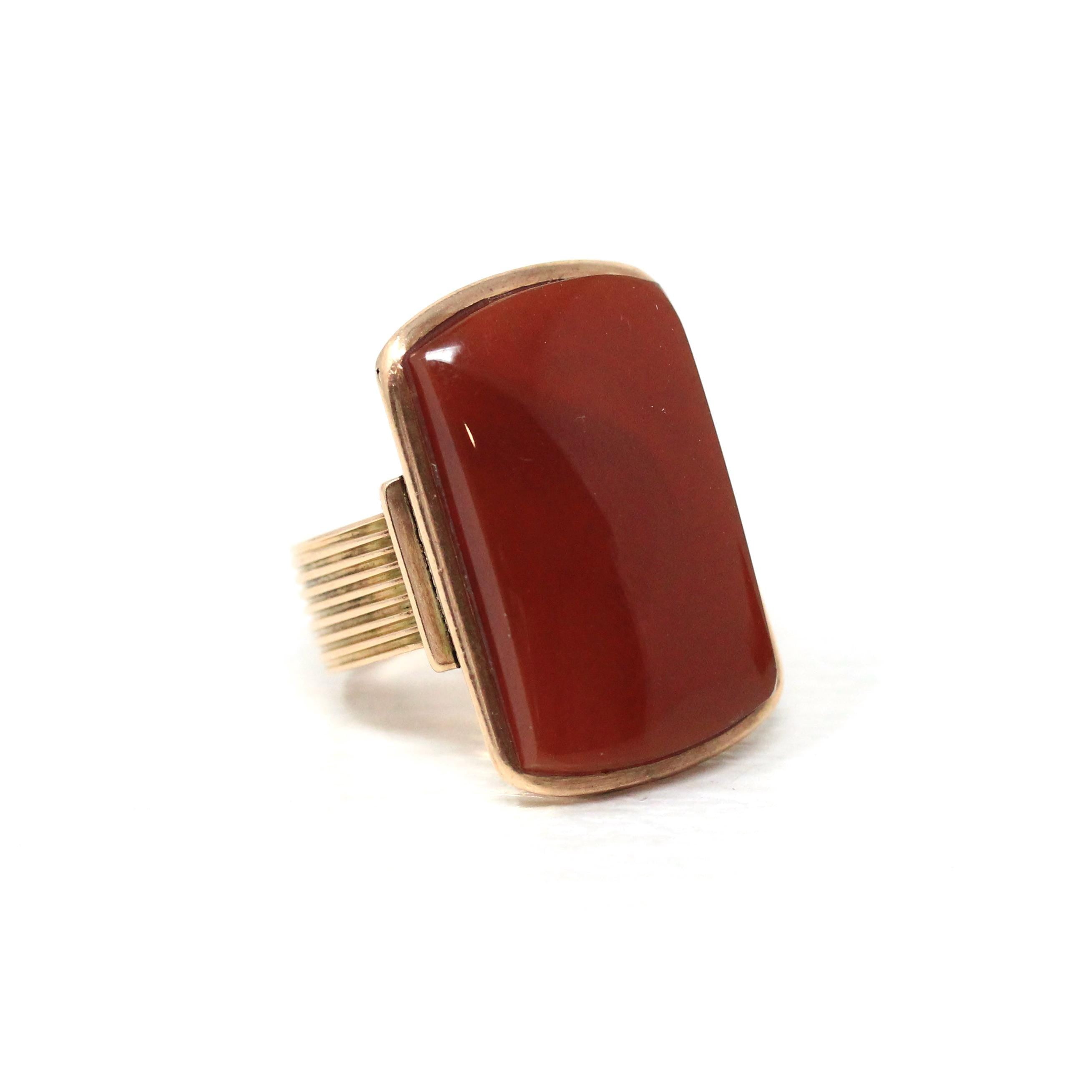 Antique Sard Ring - Victorian Circa 1890s 14k Rose Gold Natural Gemstone Signet - Size 6 1/4 Brown Orange Elongated Statement Fine Jewelry