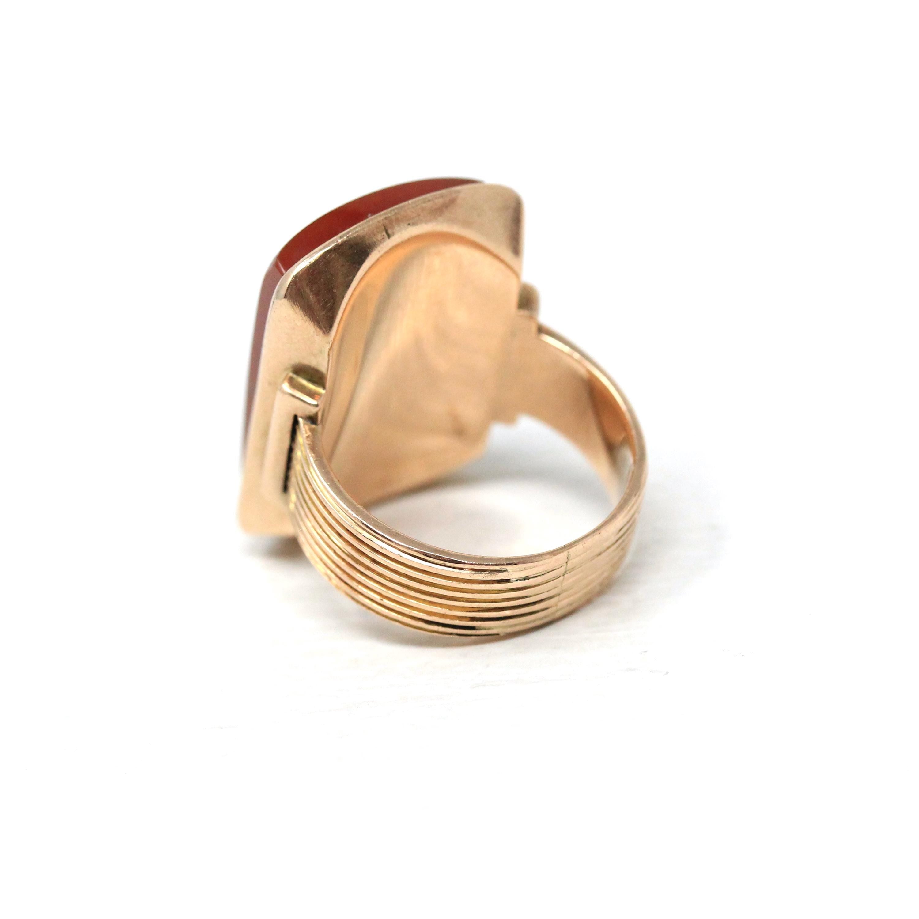Antique Sard Ring - Victorian Circa 1890s 14k Rose Gold Natural Gemstone Signet - Size 6 1/4 Brown Orange Elongated Statement Fine Jewelry