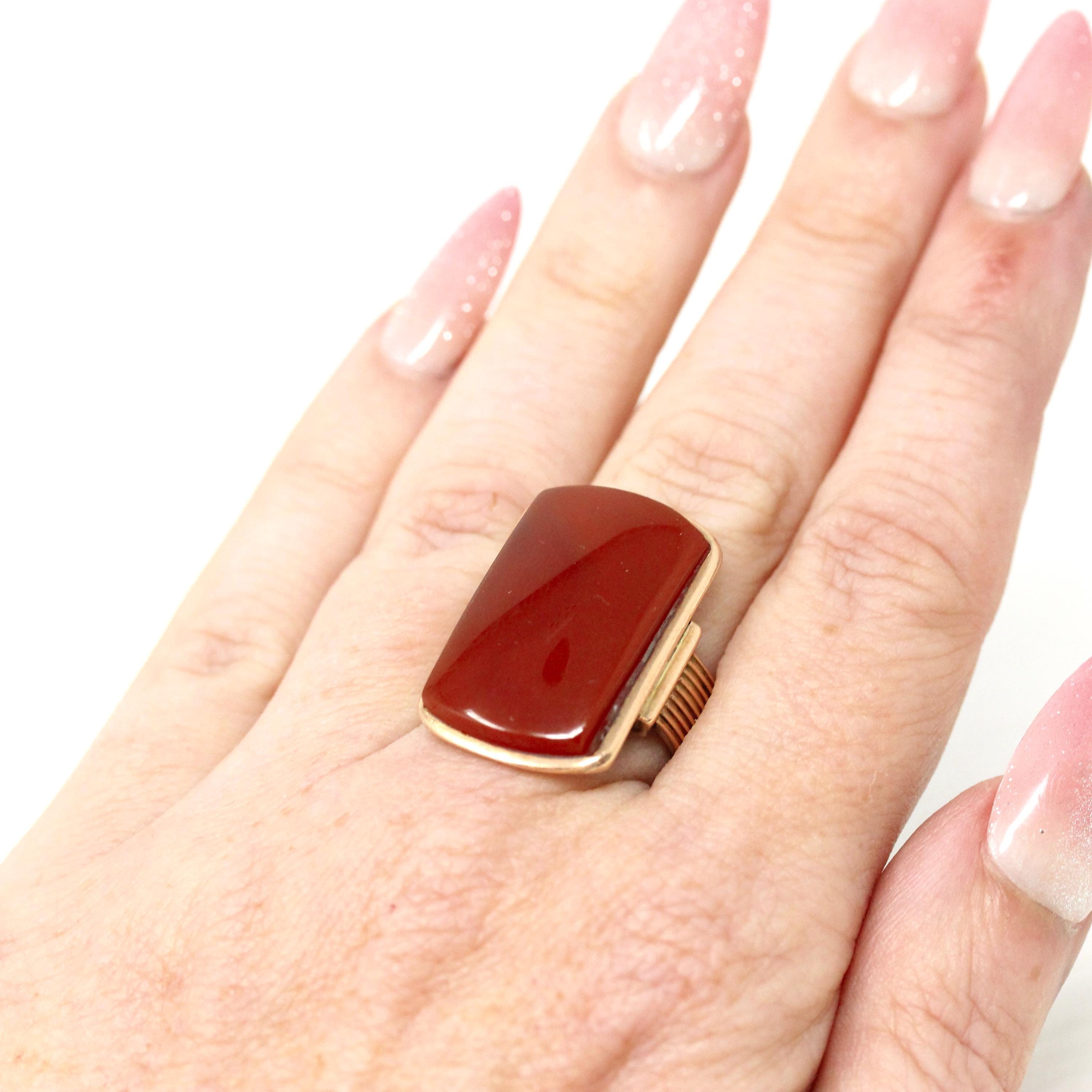 Antique Sard Ring - Victorian Circa 1890s 14k Rose Gold Natural Gemstone Signet - Size 6 1/4 Brown Orange Elongated Statement Fine Jewelry