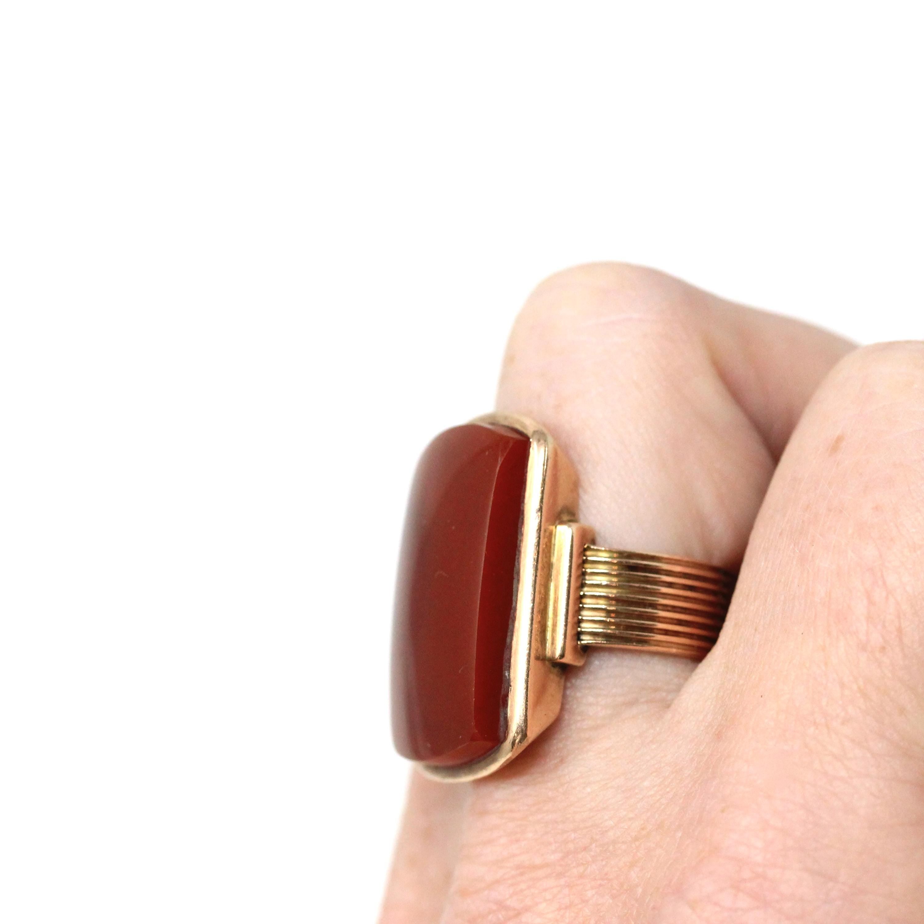 Antique Sard Ring - Victorian Circa 1890s 14k Rose Gold Natural Gemstone Signet - Size 6 1/4 Brown Orange Elongated Statement Fine Jewelry