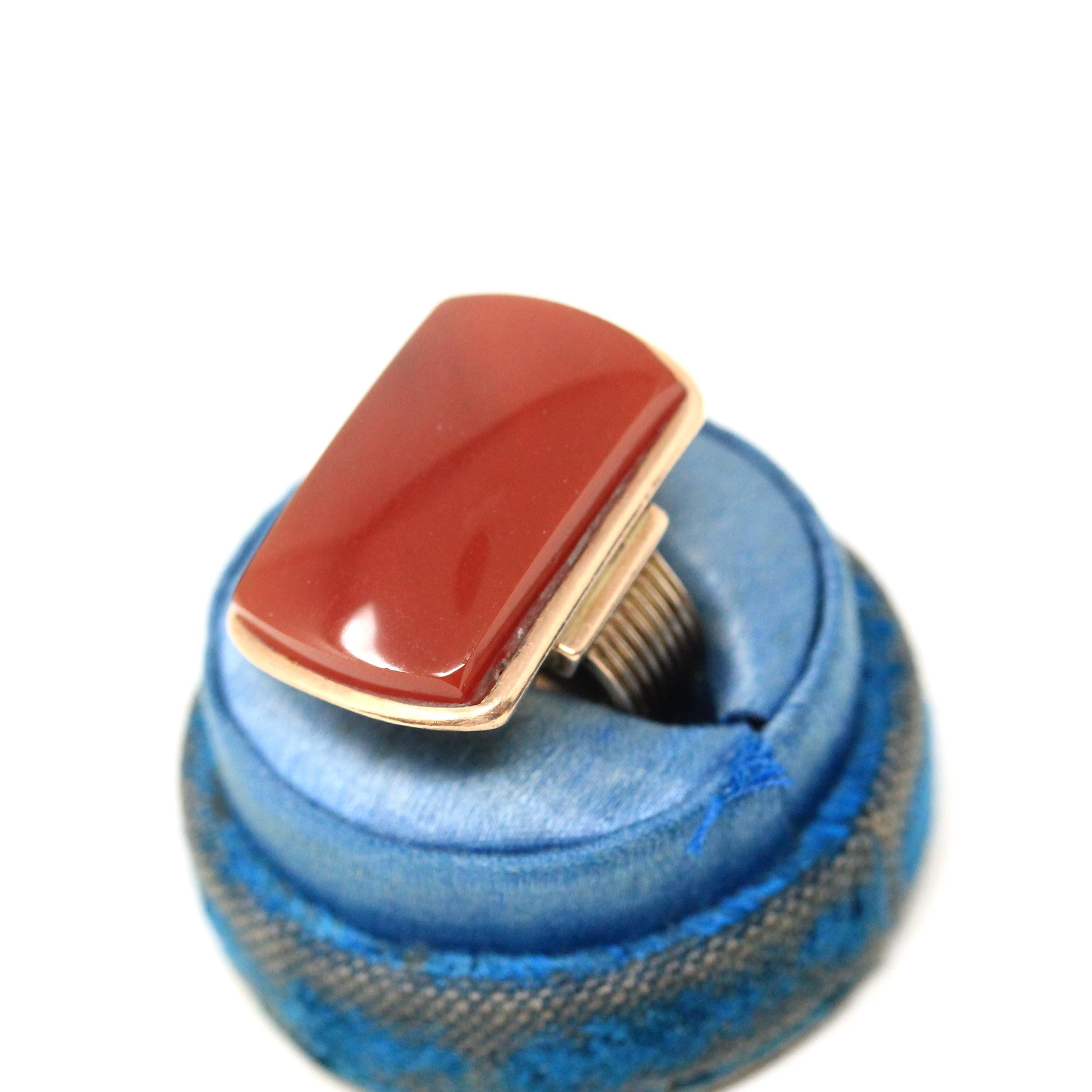 Antique Sard Ring - Victorian Circa 1890s 14k Rose Gold Natural Gemstone Signet - Size 6 1/4 Brown Orange Elongated Statement Fine Jewelry