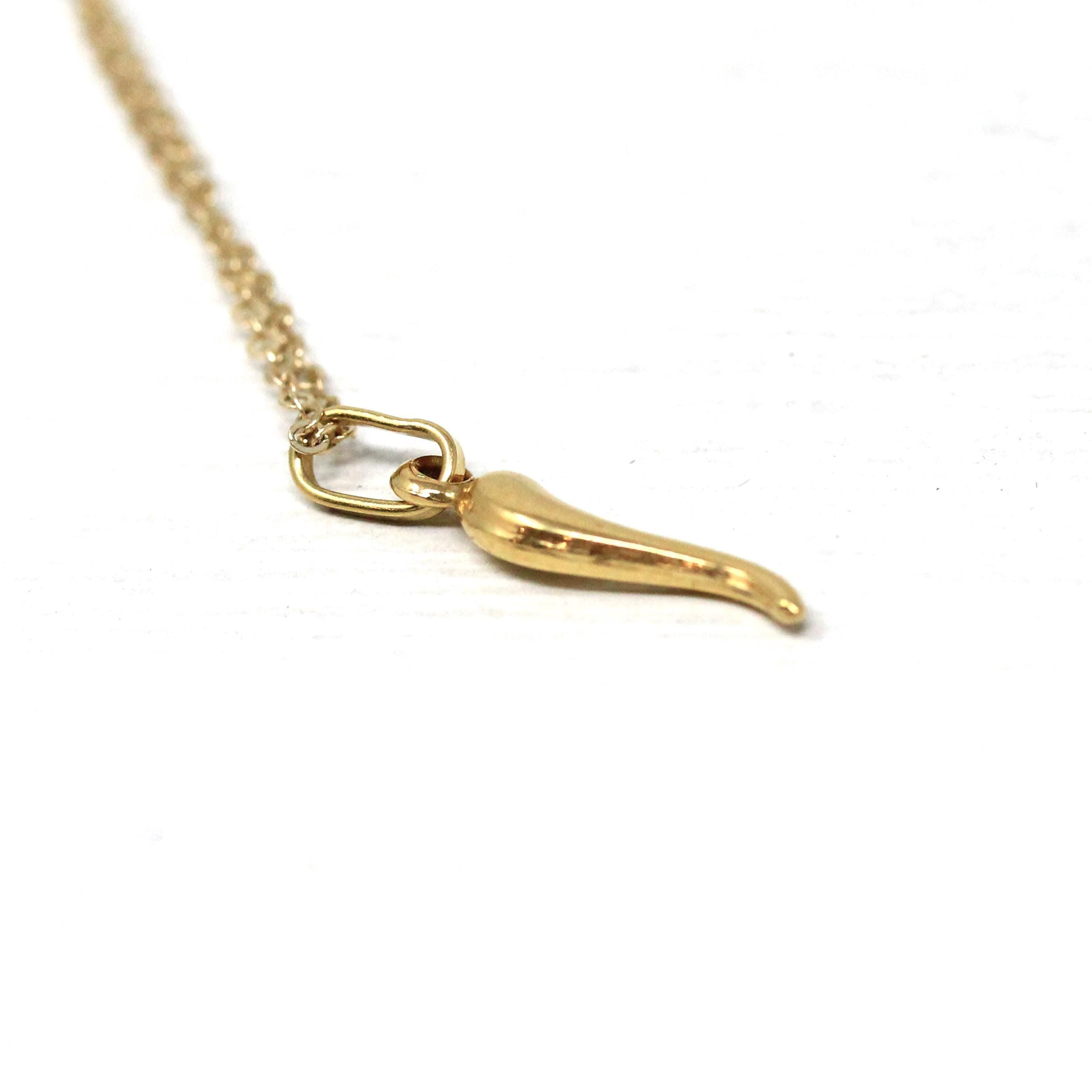 Italian Horn Charm - Retro 18k Yellow Gold Italy Cornicello Good Luck Pendant Necklace - Vintage Circa 1970s Ward Off Evil Amulet Jewelry