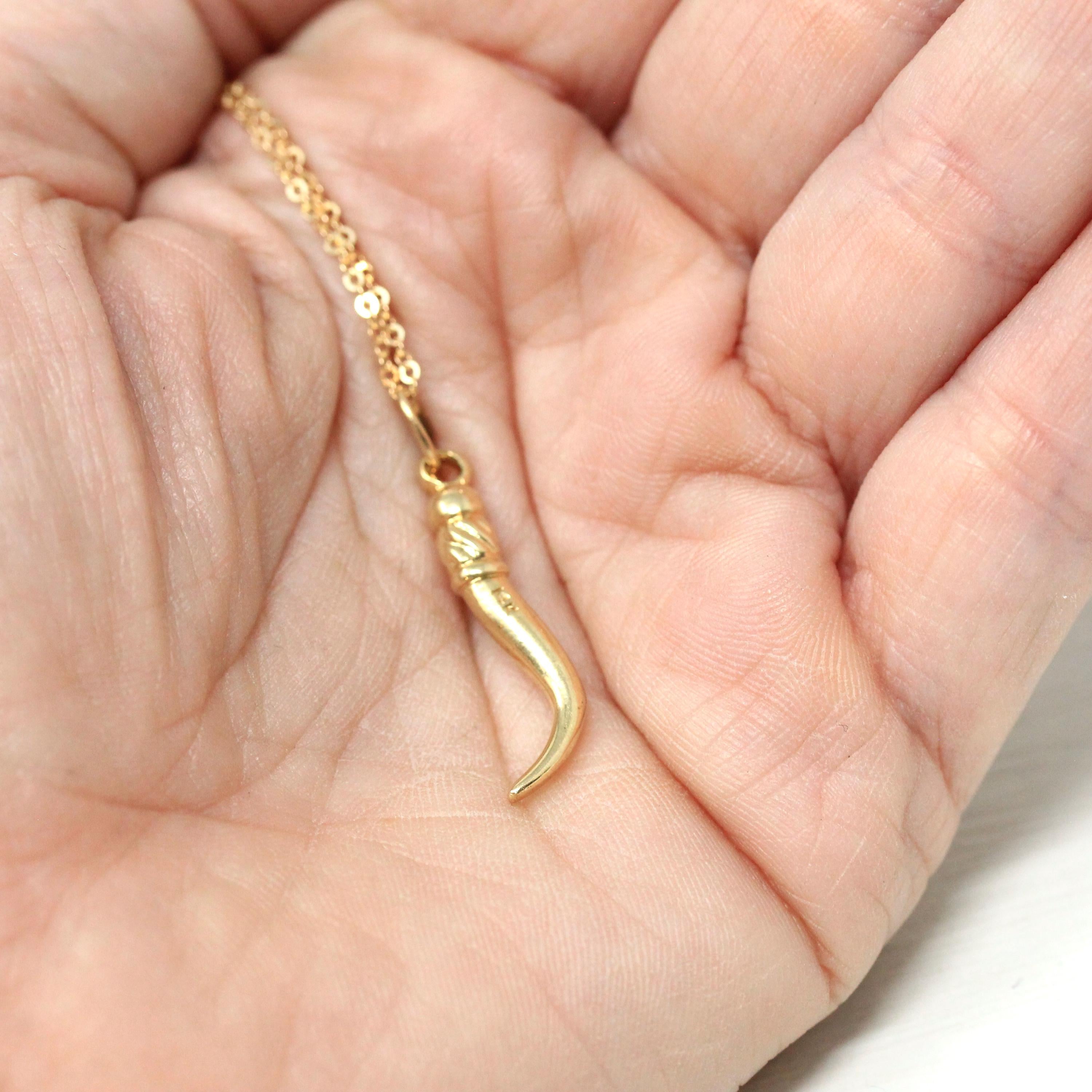 Italian Horn Pendant - Retro 14k Yellow Gold Italy Cornicello Good Luck Necklace Charm - Vintage Circa 1970s Ward Off Evil Amulet Jewelry