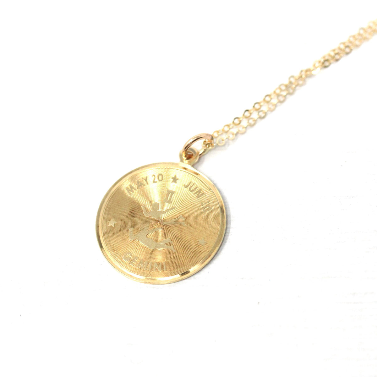 Vintage Gemini Pendant - Retro 14k Yellow Gold Twin Astrological Sign Necklace - Circa 1970s Era Zodiac Celestial Air Element Fine Jewelry