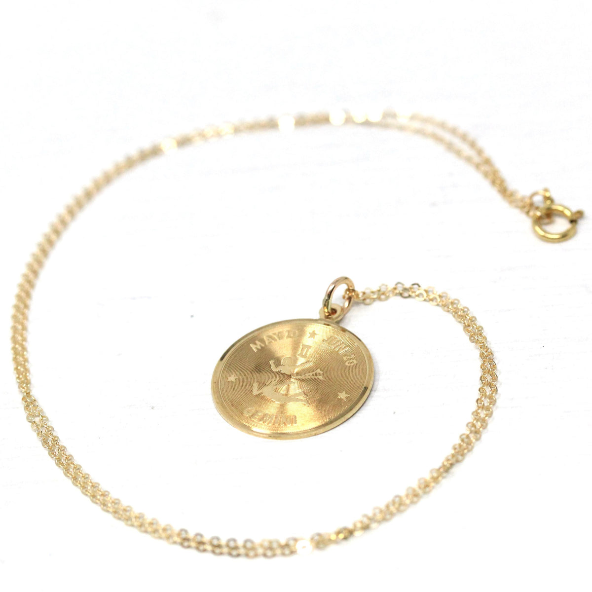 Vintage Gemini Pendant - Retro 14k Yellow Gold Twin Astrological Sign Necklace - Circa 1970s Era Zodiac Celestial Air Element Fine Jewelry
