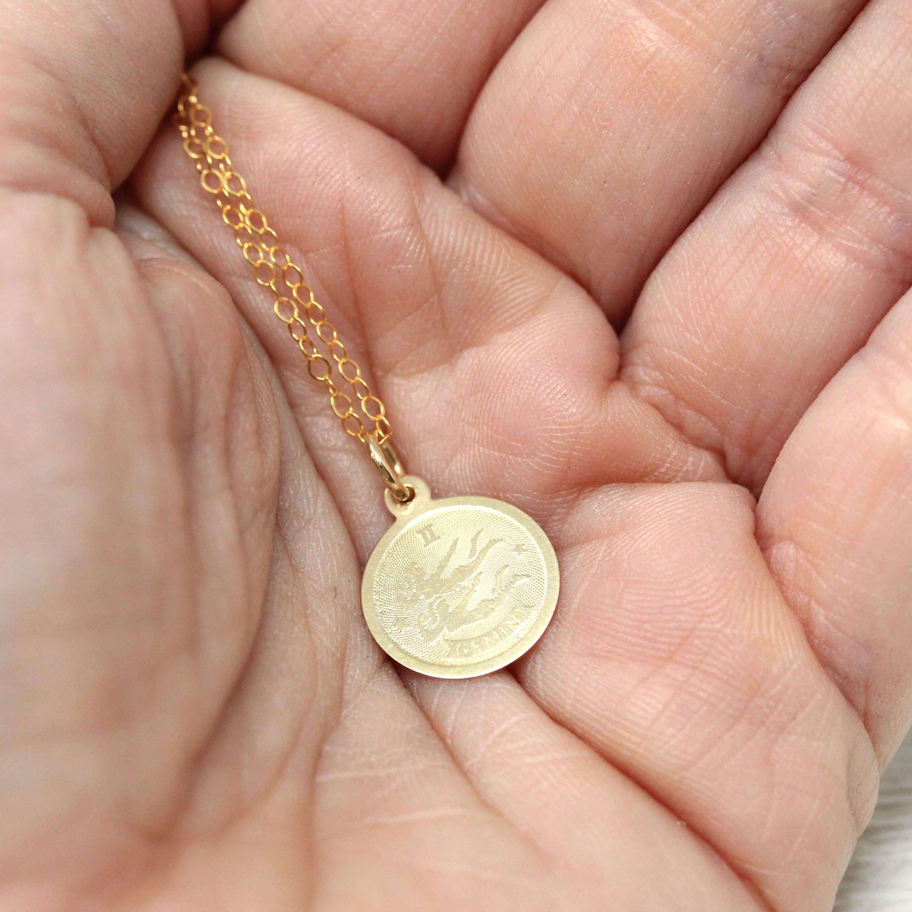 Vintage Gemini Charm - Retro 14k Yellow Gold Twin Astrological Sign Pendant - Circa 1970s Era Zodiac Celestial Air Element Fine 70s Jewelry