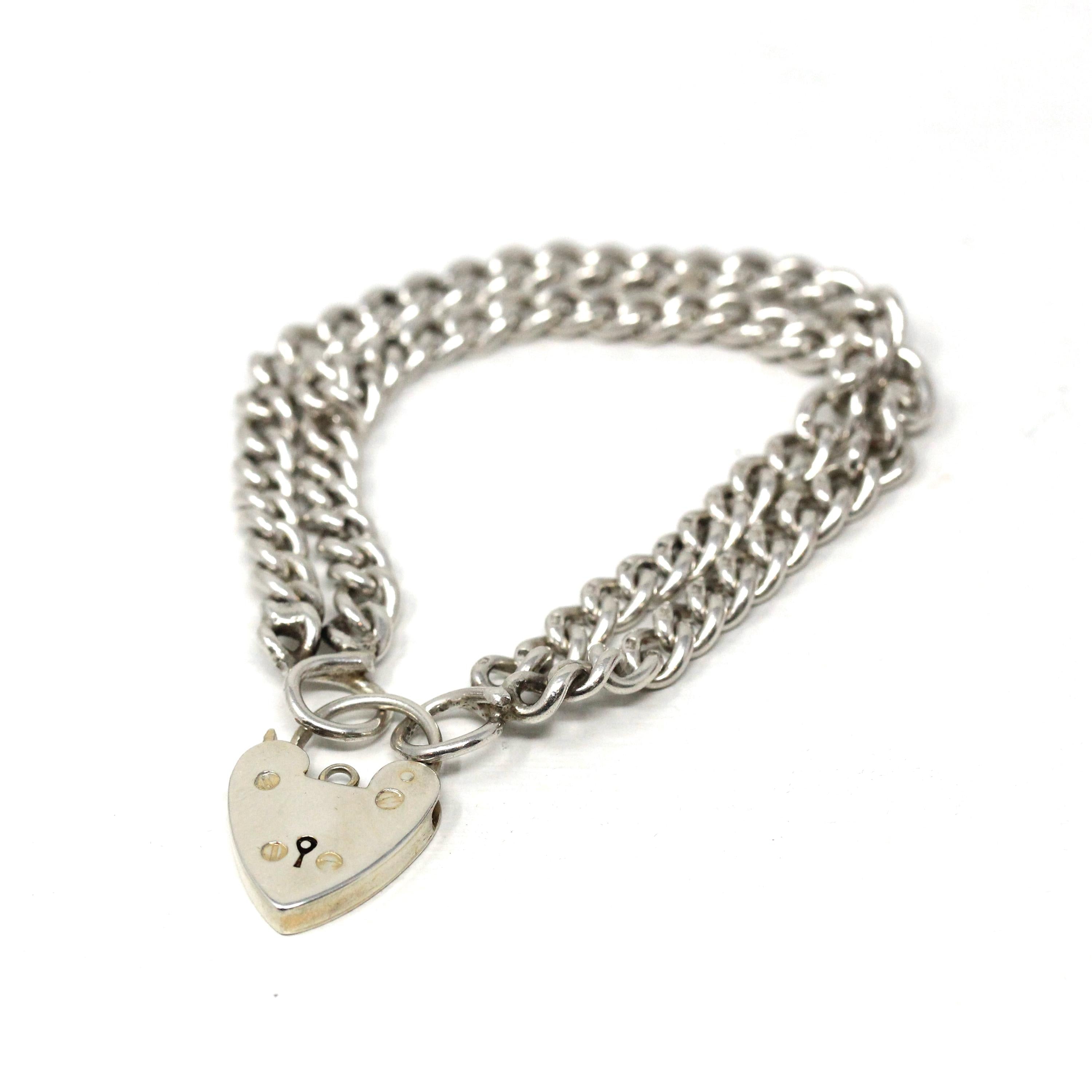 Vintage Padlock Bracelet - Retro Sterling Silver Two Tone Heart Charm English Linked Bracelet - Hallmarked 1965 Curb Link Chain Fine Jewelry