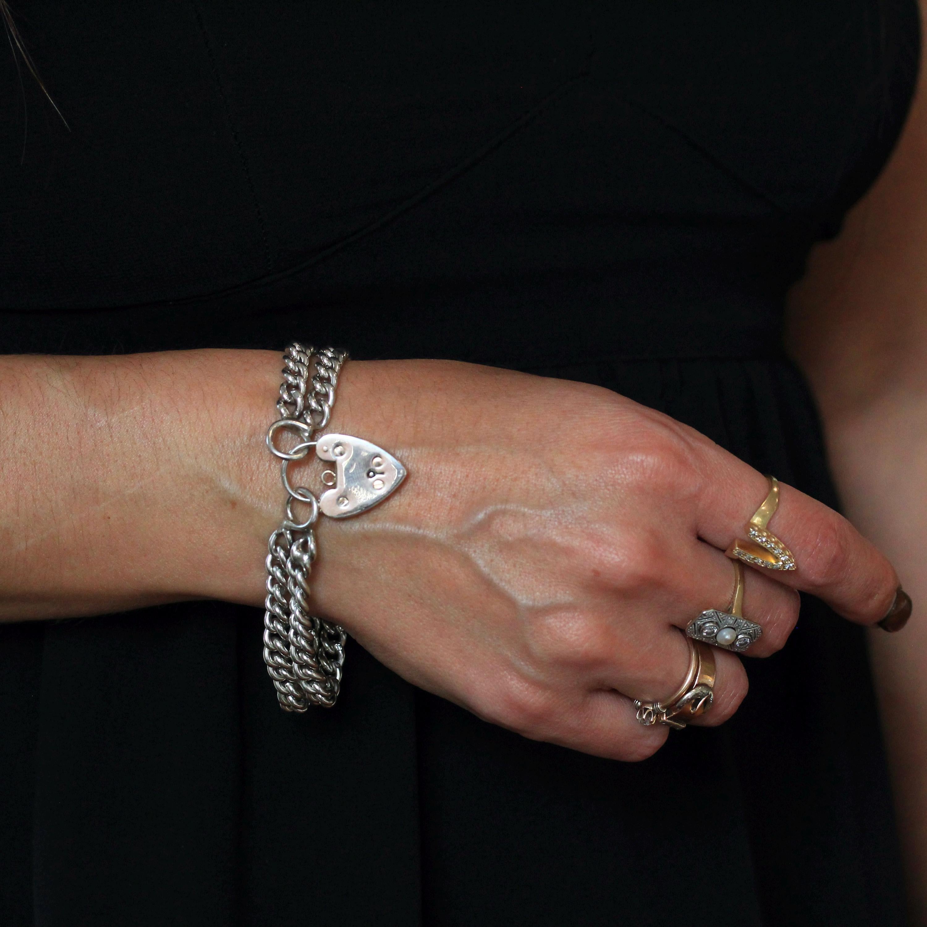 Vintage Padlock Bracelet - Retro Sterling Silver Two Tone Heart Charm English Linked Bracelet - Hallmarked 1965 Curb Link Chain Fine Jewelry