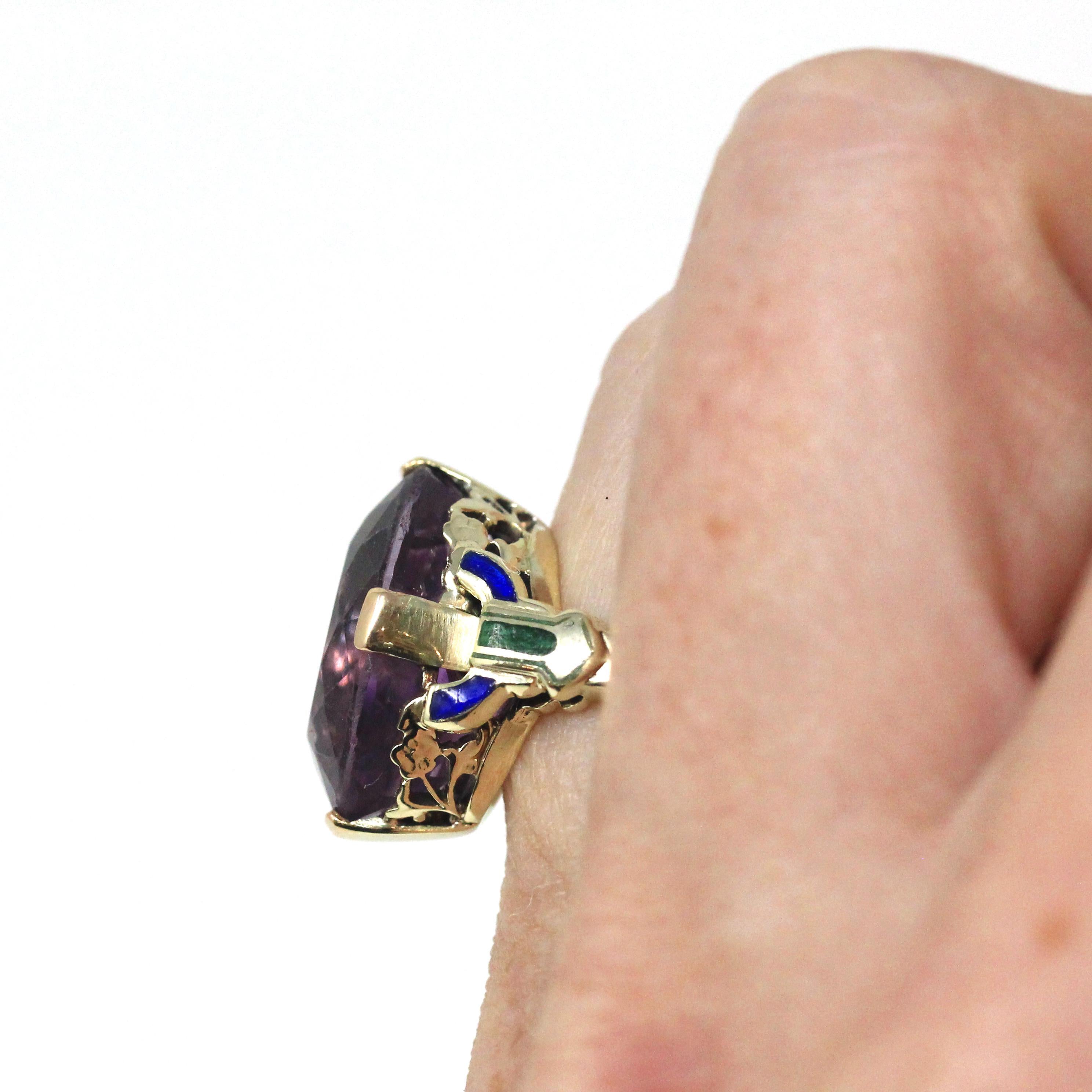 Art Deco Amethyst Ring - Vintage 14k Yellow Gold Natural Purple Gemstone Statement - Circa 1930s Era Size 4 1/2 Enamel Flowers Fine Jewelry