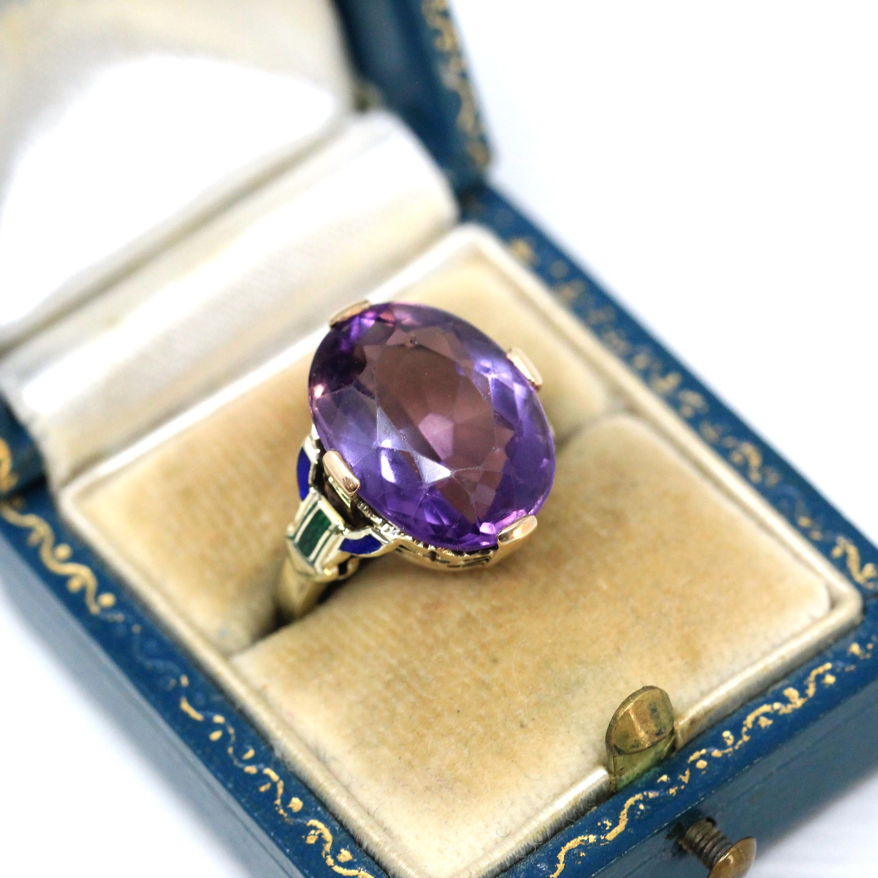 Art Deco Amethyst Ring - Vintage 14k Yellow Gold Natural Purple Gemstone Statement - Circa 1930s Era Size 4 1/2 Enamel Flowers Fine Jewelry