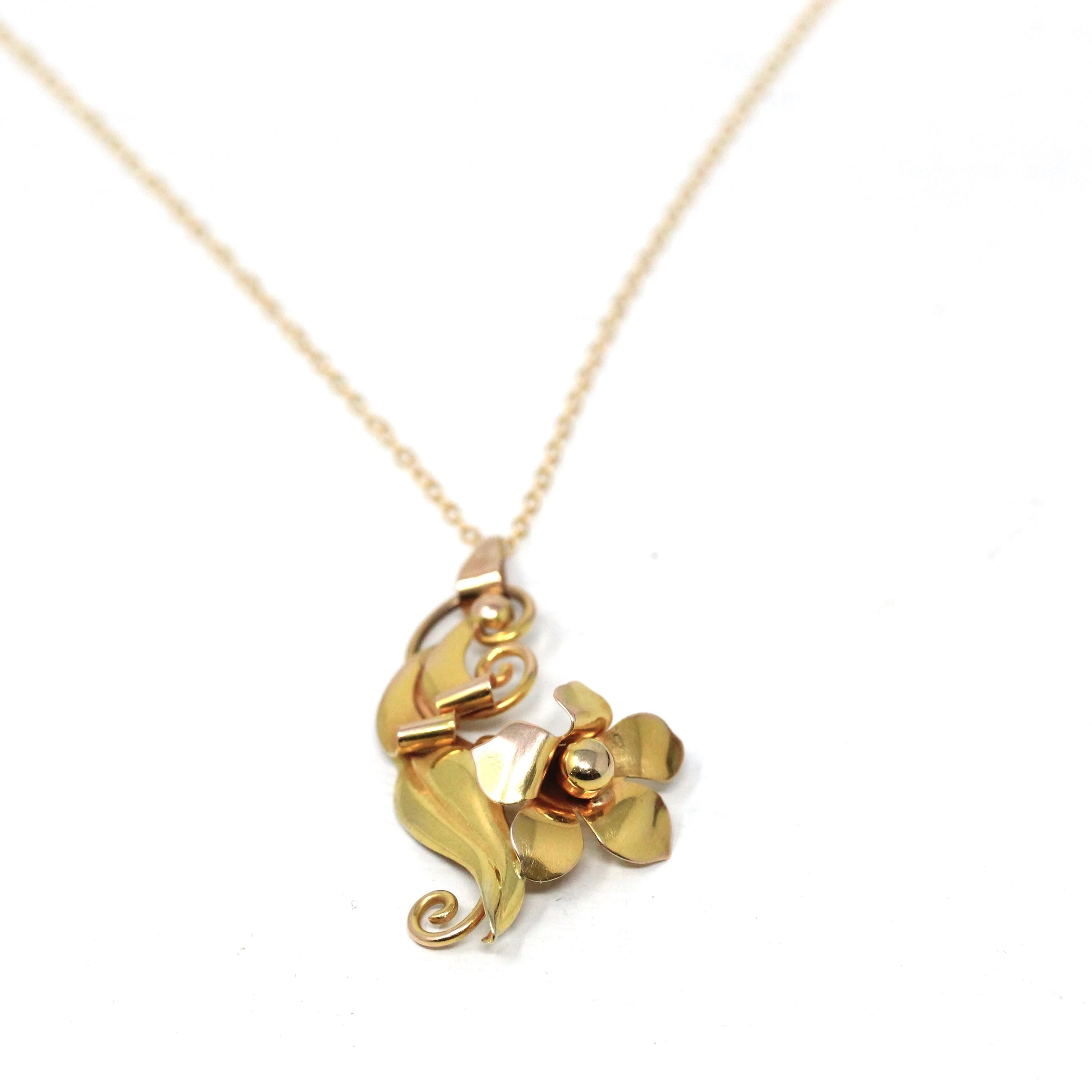 Vintage Flower Pendant - Retro 10k Two Tone Rose & Yellow Gold Necklace - Circa 1940s Era Trumpet Floral Carl Art Accessory Fine Jewelry