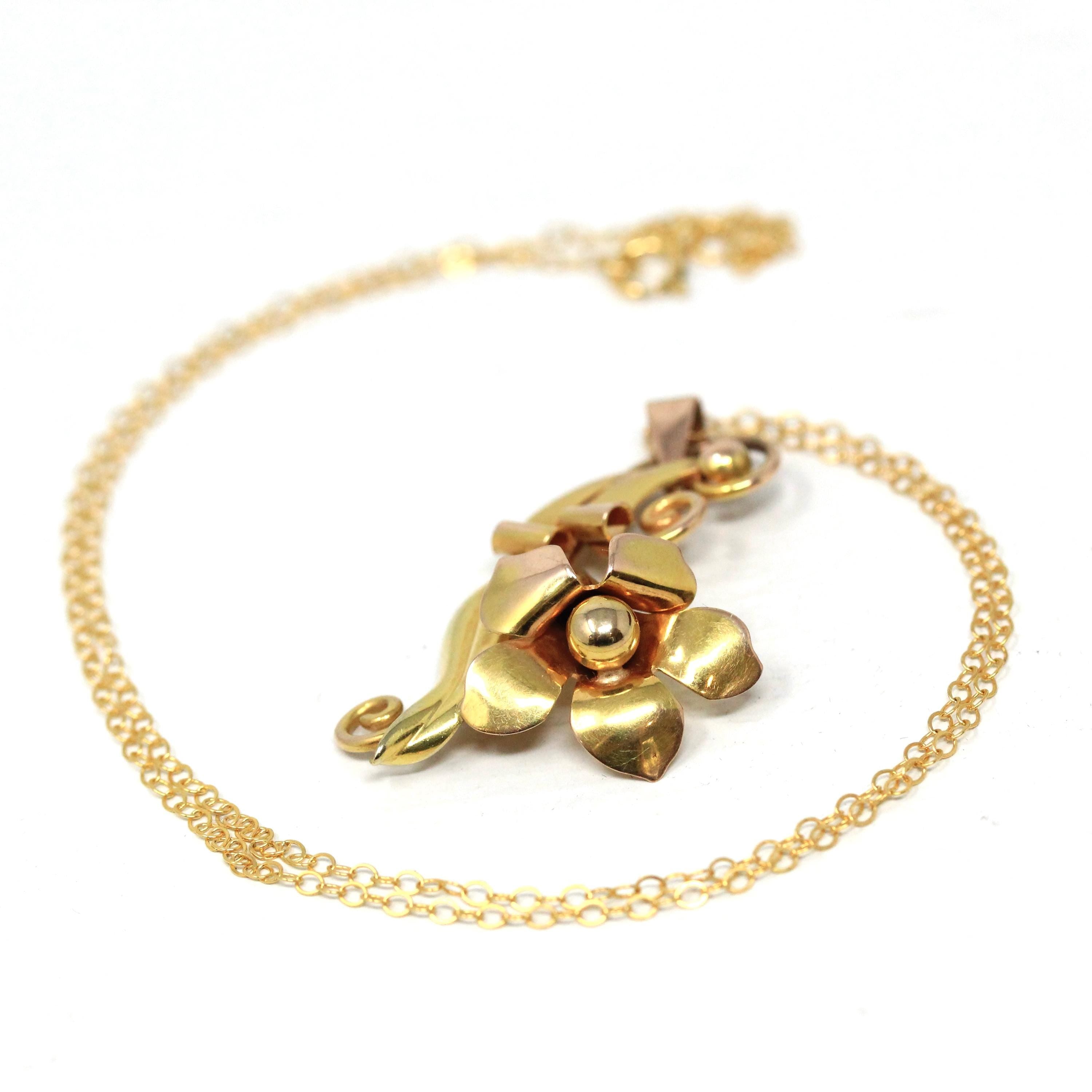 Vintage Flower Pendant - Retro 10k Two Tone Rose & Yellow Gold Necklace - Circa 1940s Era Trumpet Floral Carl Art Accessory Fine Jewelry